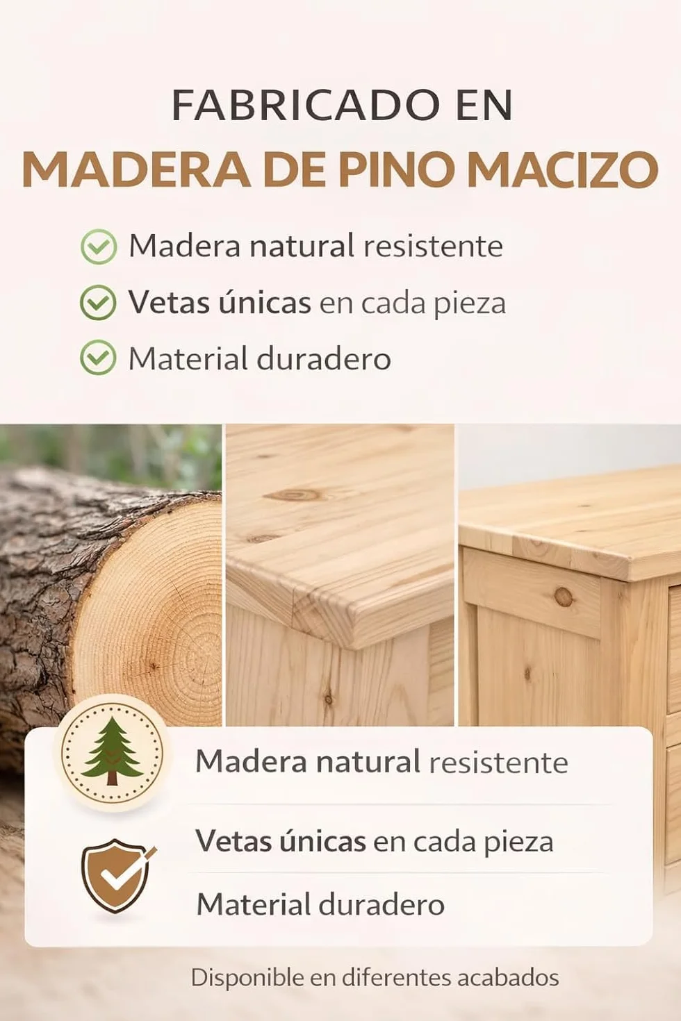 Dogar Moblit,Aparador Tres Puertas Cuatro Cajones, realizado en Madera de Pino Macizo Natural. Color Cerezo Claro, Serie Kalpe,Medida (86X130X42) Cm (Alto/Ancho/Fondo),Salon, Cocina,Entrada o Comedor