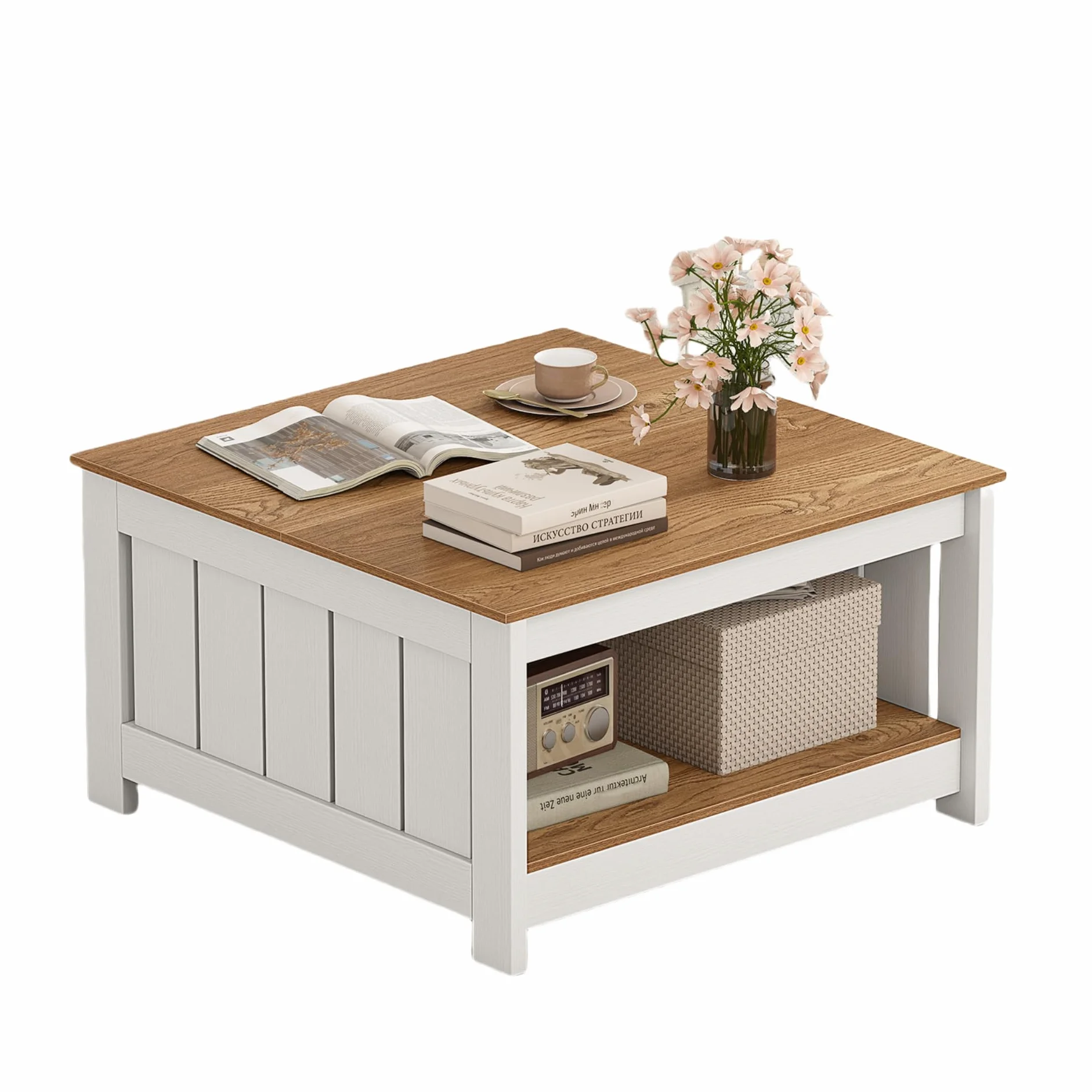 LIFEZEAL Mesa de centro de madera, mesa cuadrada de salón con 2 niveles, mesa de té con pies antideslizantes para hogar y oficina, rústica
