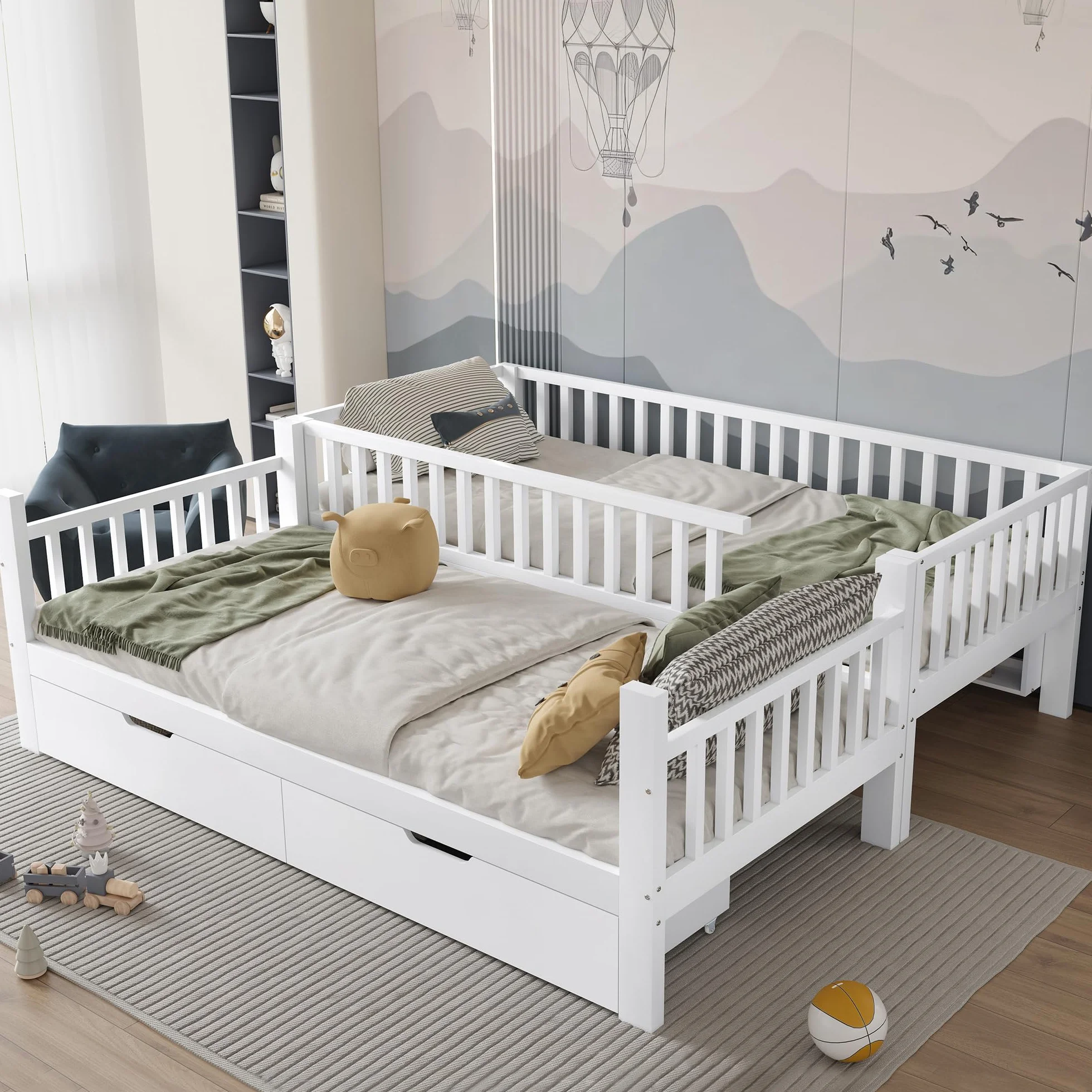 Cama Infantil, Litera para niños 90x200, Litera Matrimonio con 2 cajones y Escalera, Se Convierte en Dos Camas Individuales, Cama altillo con protección anticaída y somier, Blanco, Sin colchón