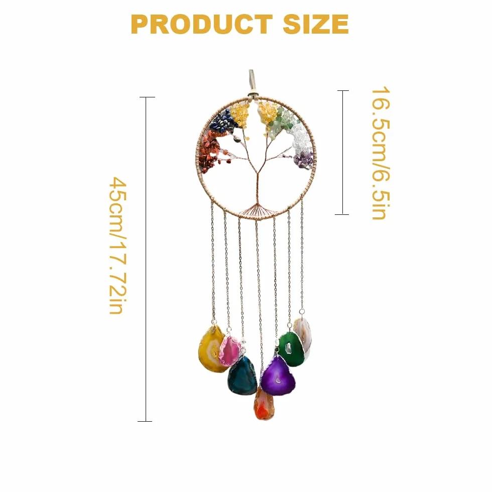 7 Chakra Campana de viento Árbol de la vida de discos de ágata natural, campana de viento de cristal hecha a mano para exterior e interior, decoración de pared con piedras preciosas.