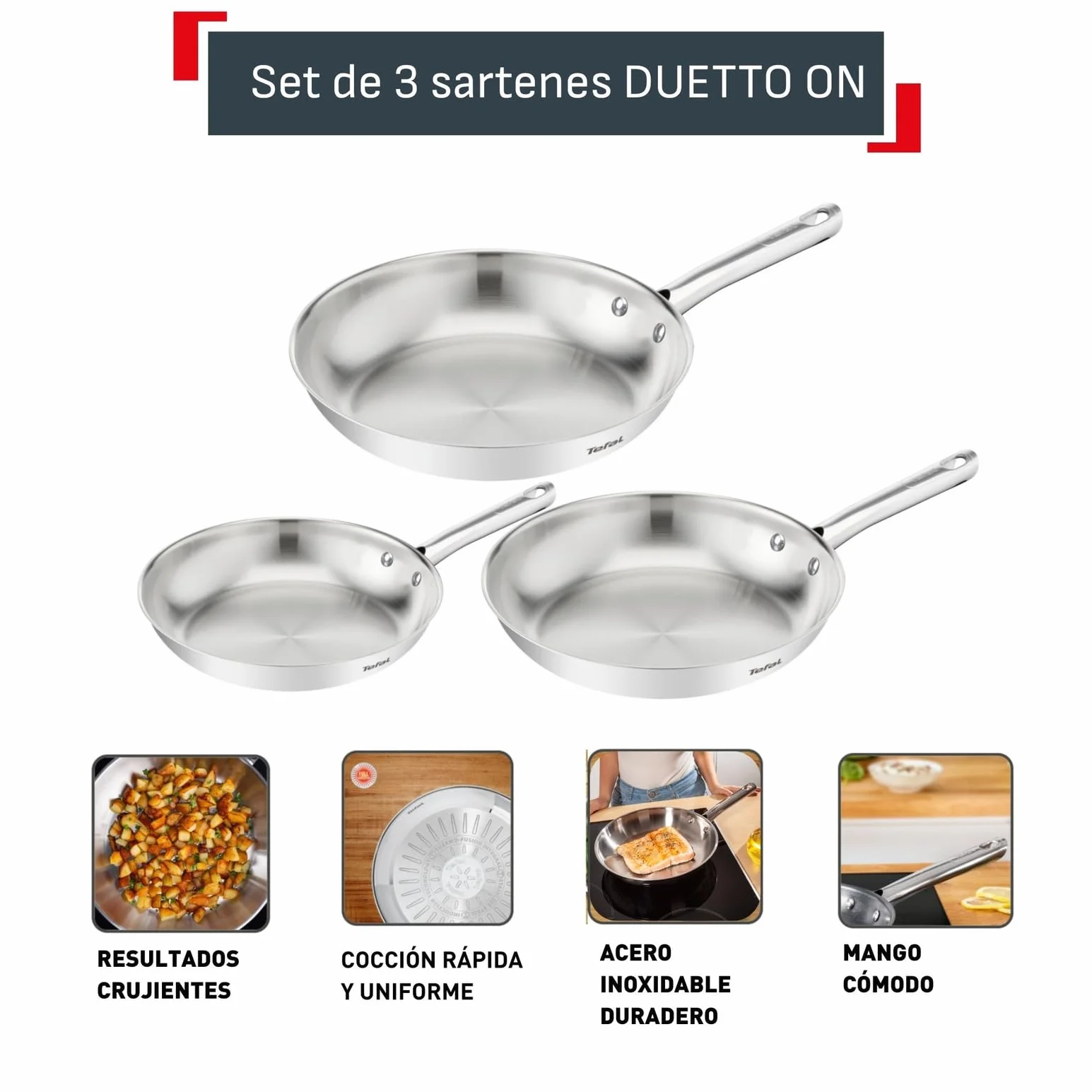 Tefal Duetto On Juego de Sartenes 20/24/28 cm Acero inoxidable Apto inducción