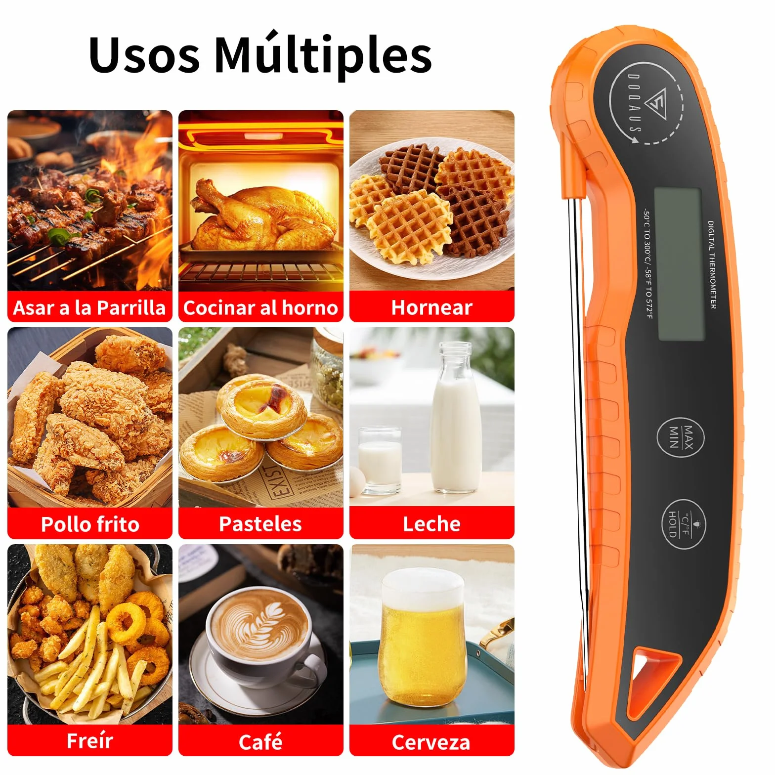 DOQAUS Termometro Cocina, Termometro Digital Cocina, 3 Segundos Lectura Rápida, Precisión ±0,5℃, Pantalla LCD, Termómetros para Frigoríficos, Carne, BBQ, Horno, Aceite, Agua(Naranja)