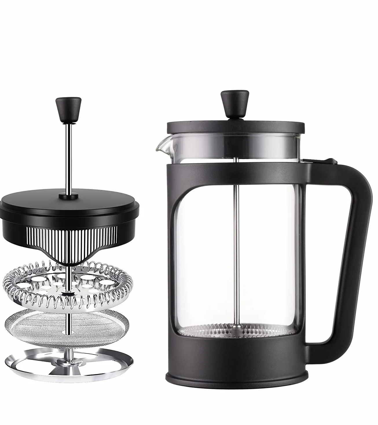 VIER - Cafetera/tetera de prensa francesa de 1 litro / 34 Oz. Vidrio borosilicato resistente al calor. Filtro acero inoxidable y cubierta negra.