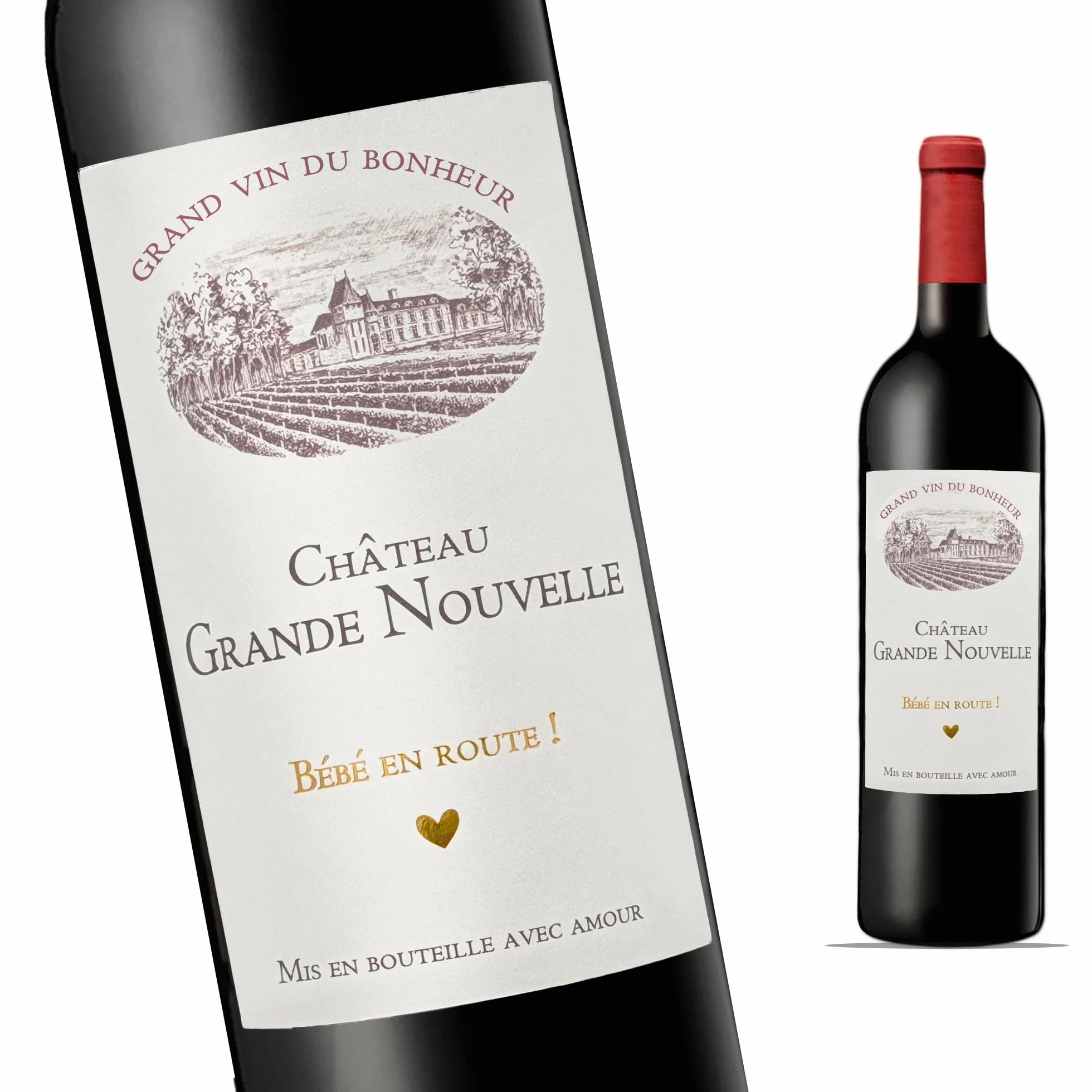 FunFest Set x4 Etiquetas Botella Vino Anuncio Embarazo Château Grande Nouvelle Familia Estilo Burdeos Texto en Francés