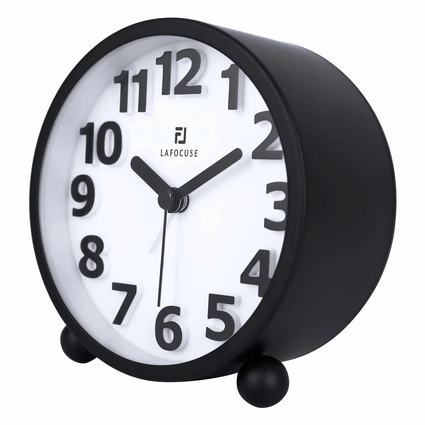 Lafocuse Reloj Despertador Analógico Silencioso con Snooze Luz Nocturna Metal Negro Números Grandes 3D 10.5cm