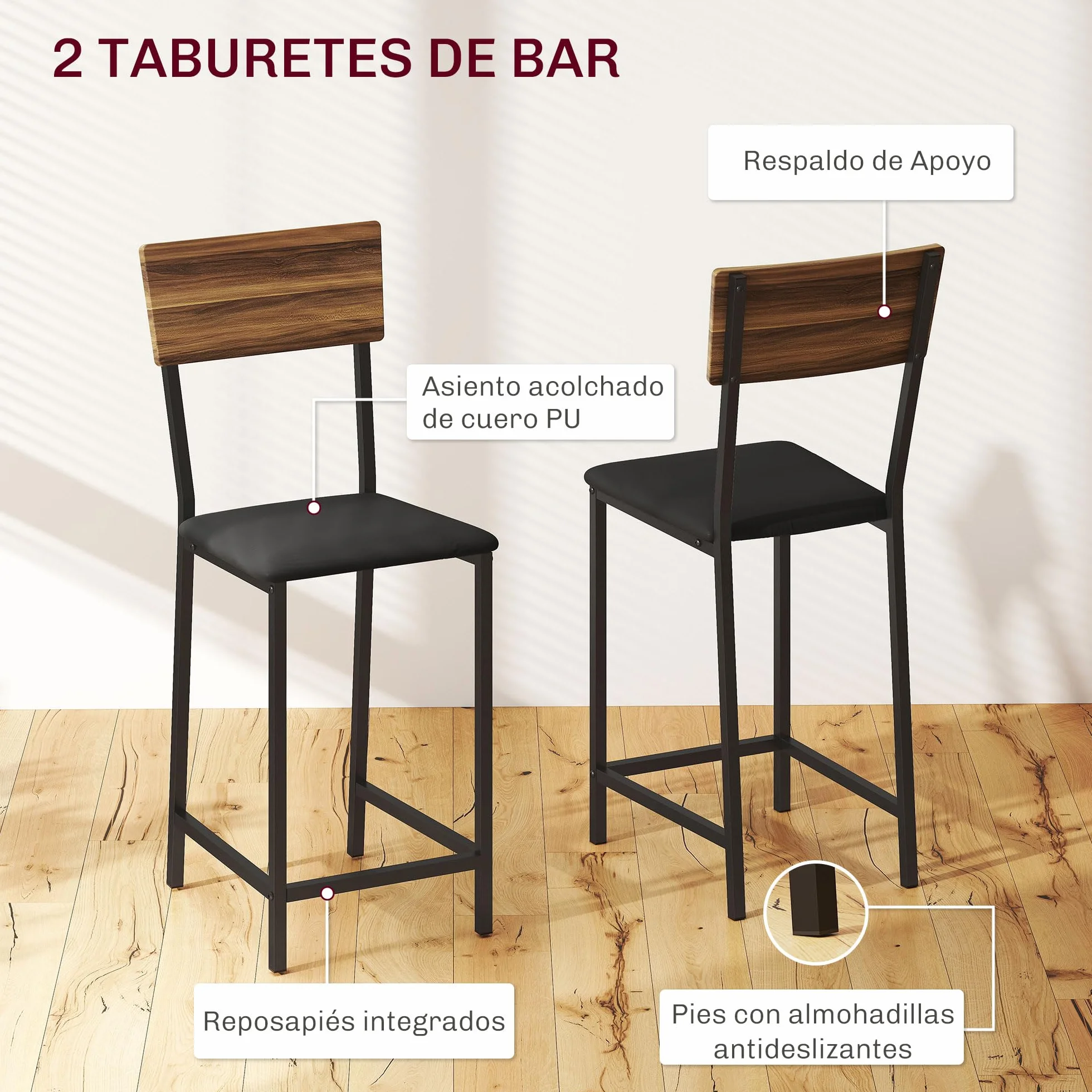 HOMCOM Juego de Mesa y Taburetes de Bar Mesa Alta de Cocina con 2 Taburetes Laterales Abatibles Soporte para Vinos y Estantes Estilo Industrial Marrón y Negro