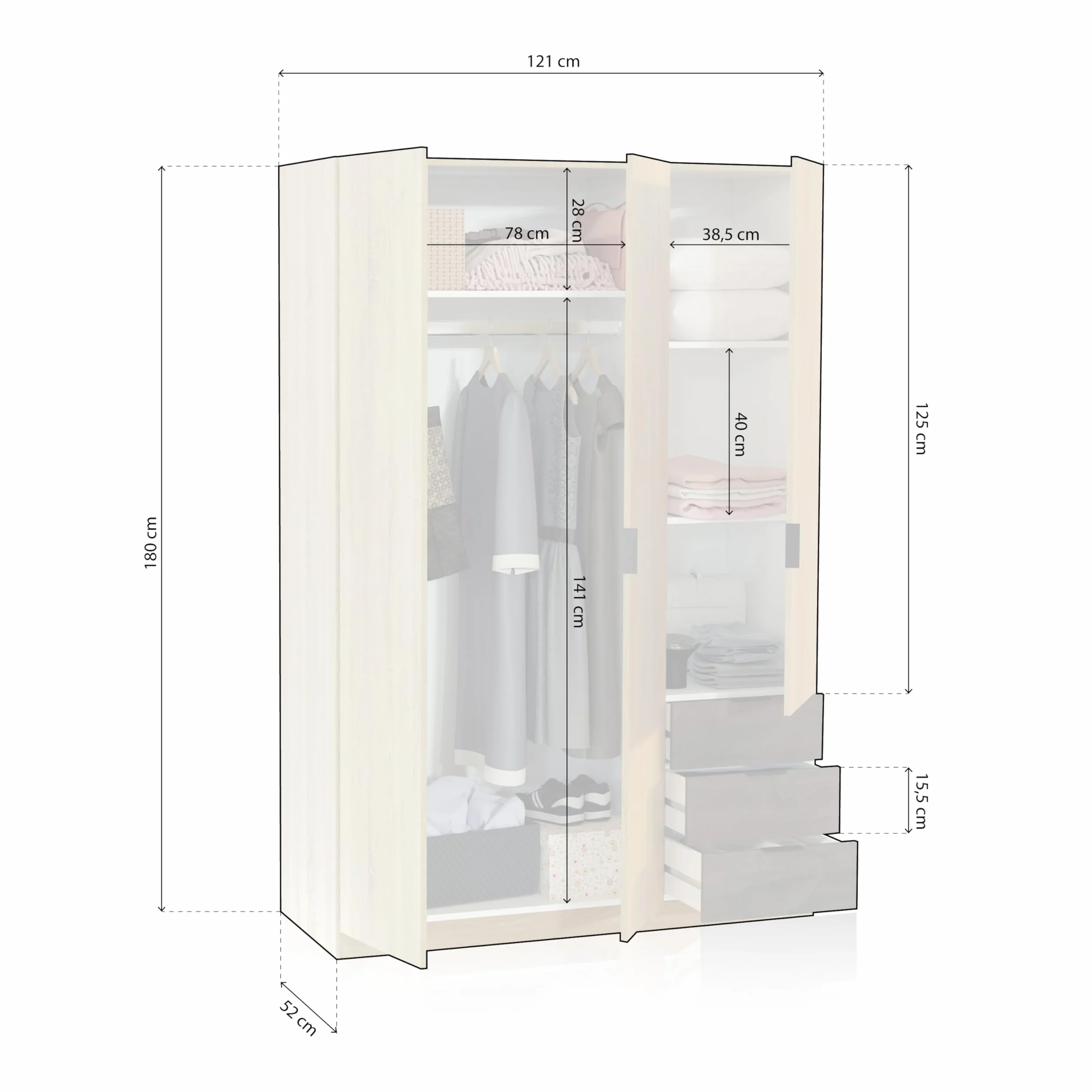 duehome | Armario de 3 Puertas y 3 Cajones, Armario para Dormitorio, Modelo Hexa, Acabado en Roble Canadian y Oxido, Medidas: 121 cm (Largo) x 180 cm (Alto) x 52 cm (Fondo)