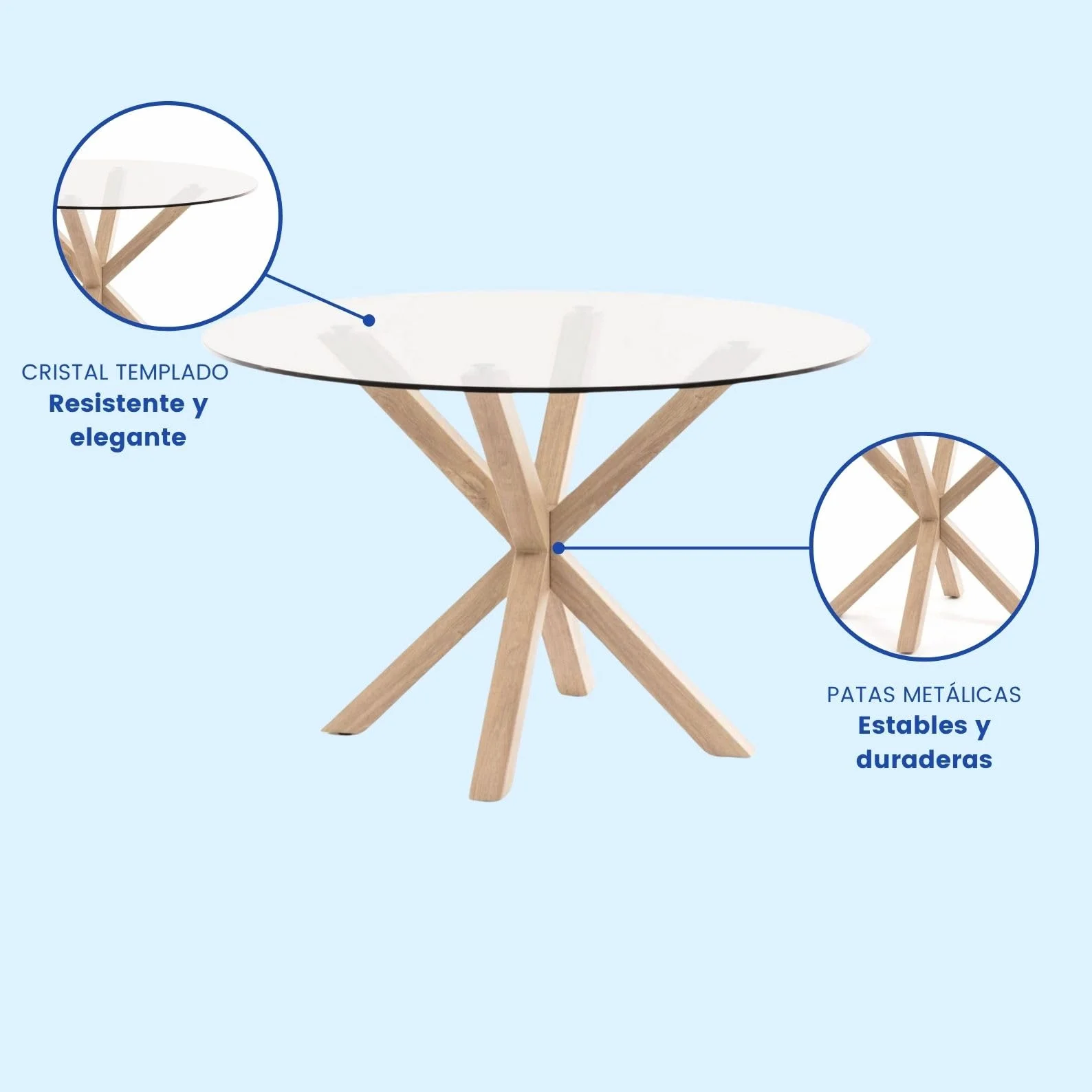 Mesa Redonda de Comedor de Cristal - Patas Metálicas Acabado Efecto Madera