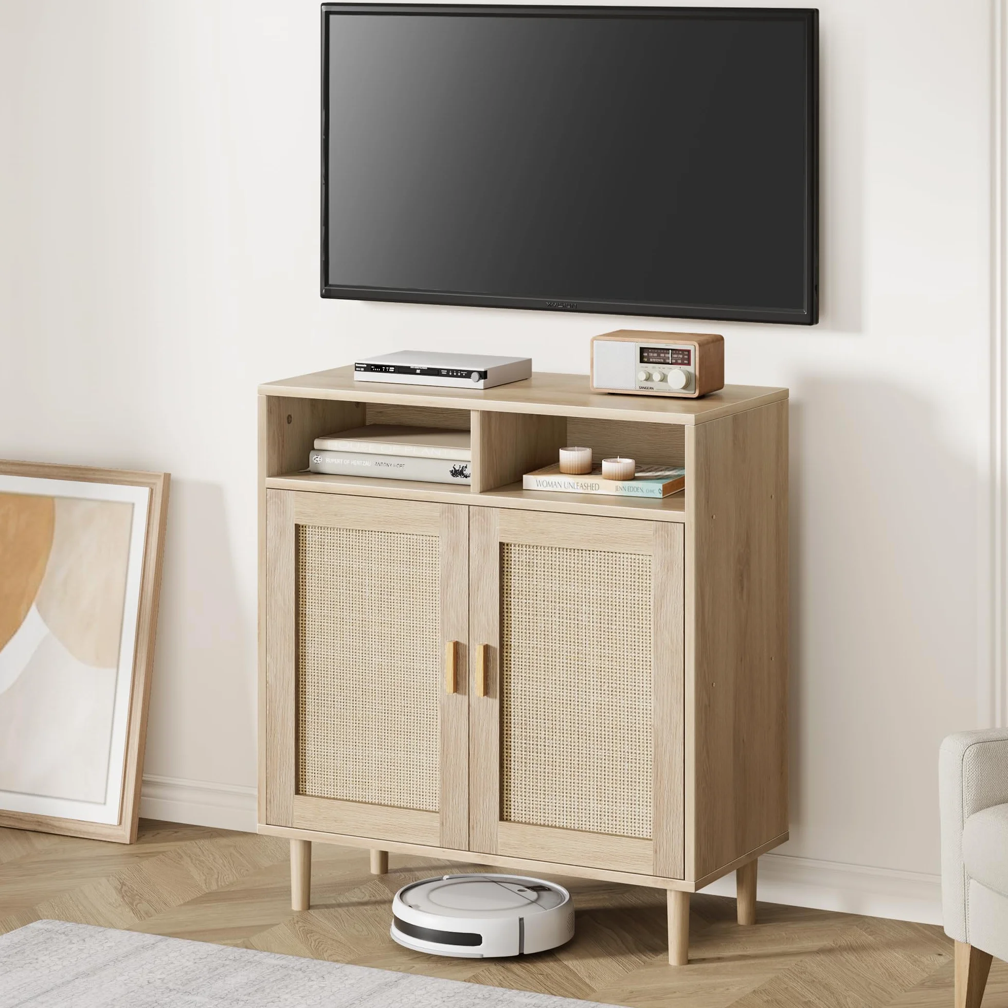 Aparador De Madera con Ratán - Armario De Almacenamiento para Salón con Puerta - Cuatro Compartimentos - para Salón, Dormitorio y Recibidor - Patas Altas - Fácil De Montar y Organizar