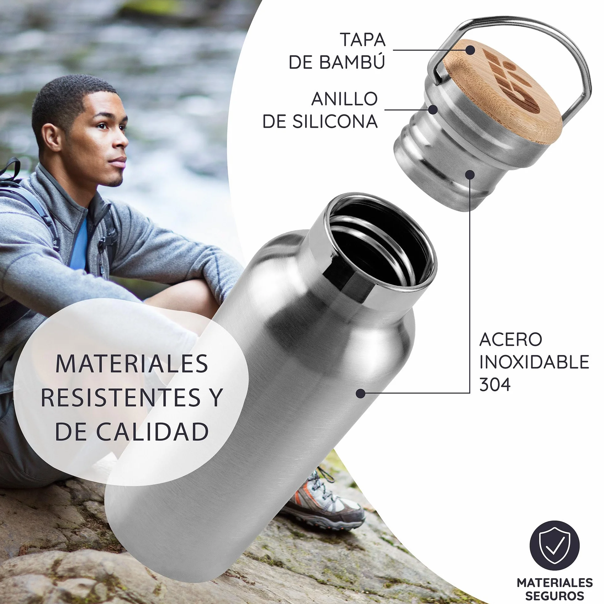 Bambaw Botella Acero Inoxidable 1 Litro Termica Mantiene Bebidas Frías 24h Calientes 12h Metálica Isotermica con Asa
