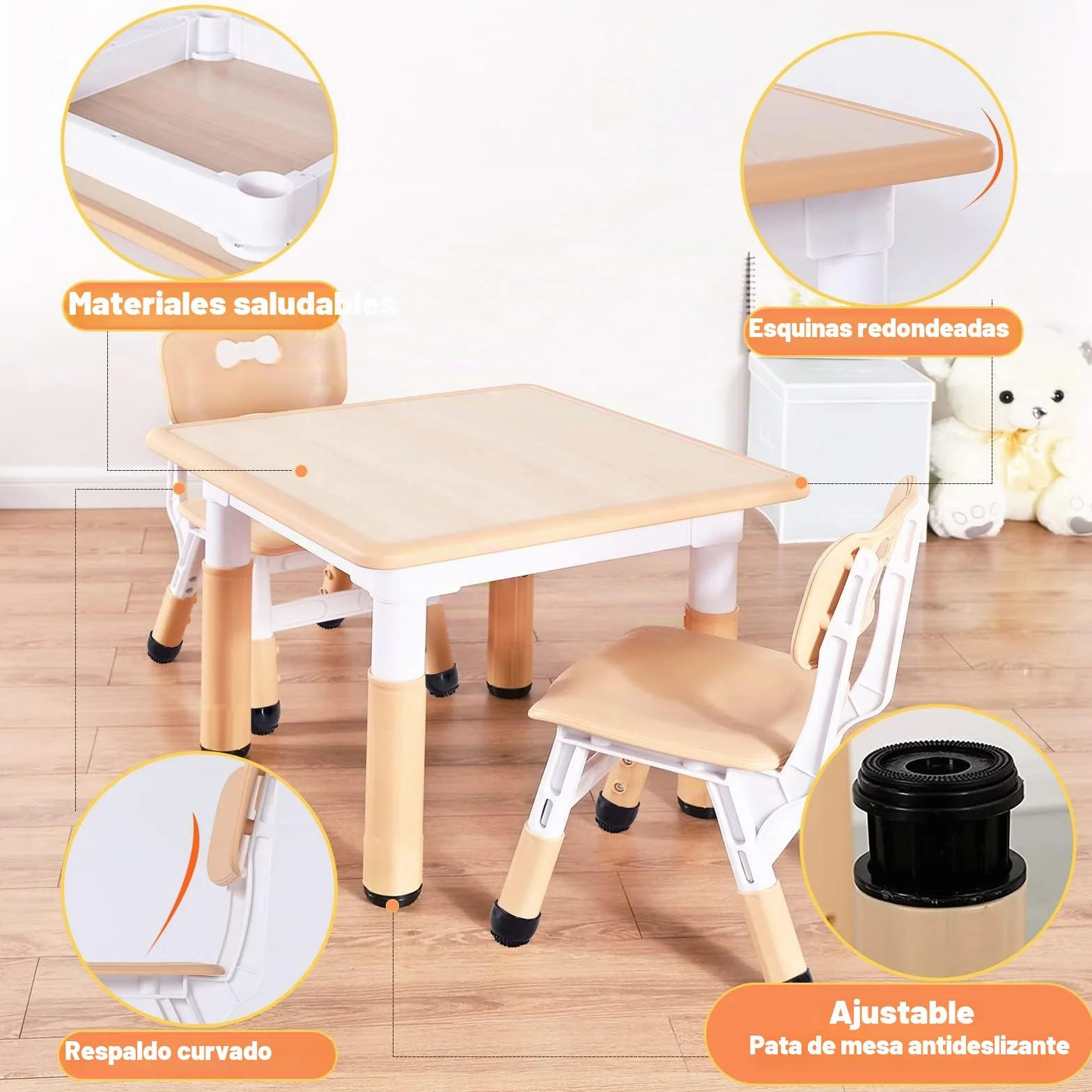 FUNLIO Mesa Infantil con 2 Sillas para Niños de 3 a 8 años, Mesa Niños Infantil de Altura Ajustable, Escritorio Niño Fácil de Limpiar, para Aulas/Hogares, Aprobado por CPC y CE (3 Piezas)