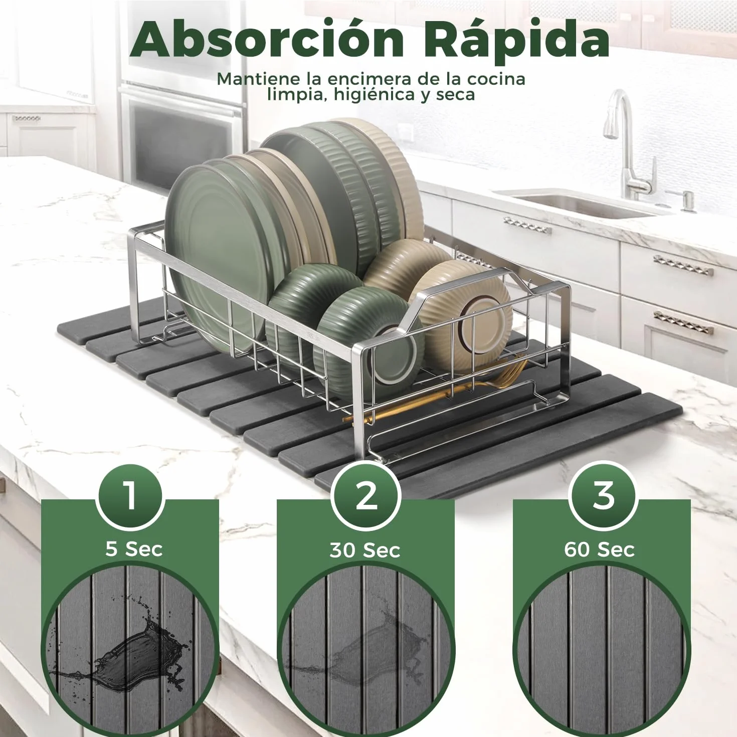 Alfombrilla Escurreplatos Plegable Absorbente Piedra Secado Rápido 60x40cm Gris Oscuro