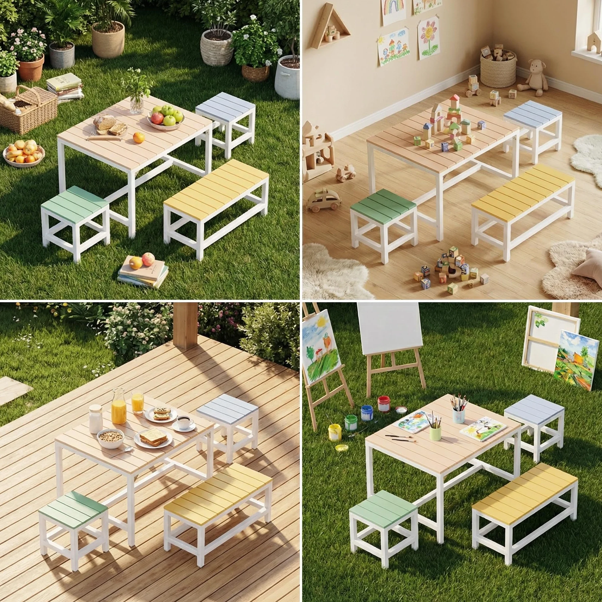 MAMIZO Mesa y Sillas de Terraza Infantiles de Madera con Cubierta Impermeable, 2 PCS Taburetes para Niños 3+