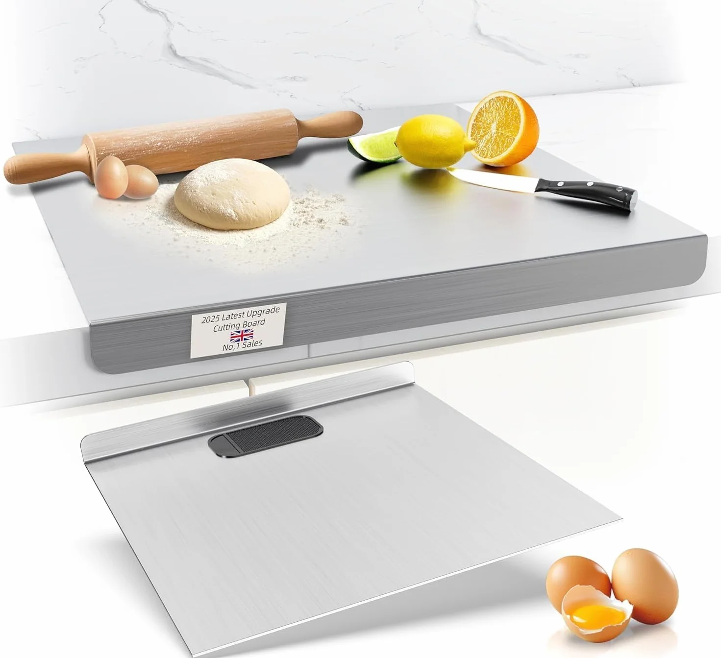 Placa de acero inoxidable para cocina de acero inoxidable, tabla de cortar inox, protección encimera cocina con borde de parada, tabla de amasar de acero inoxidable para pan y pizza (altura 2 cm) (60