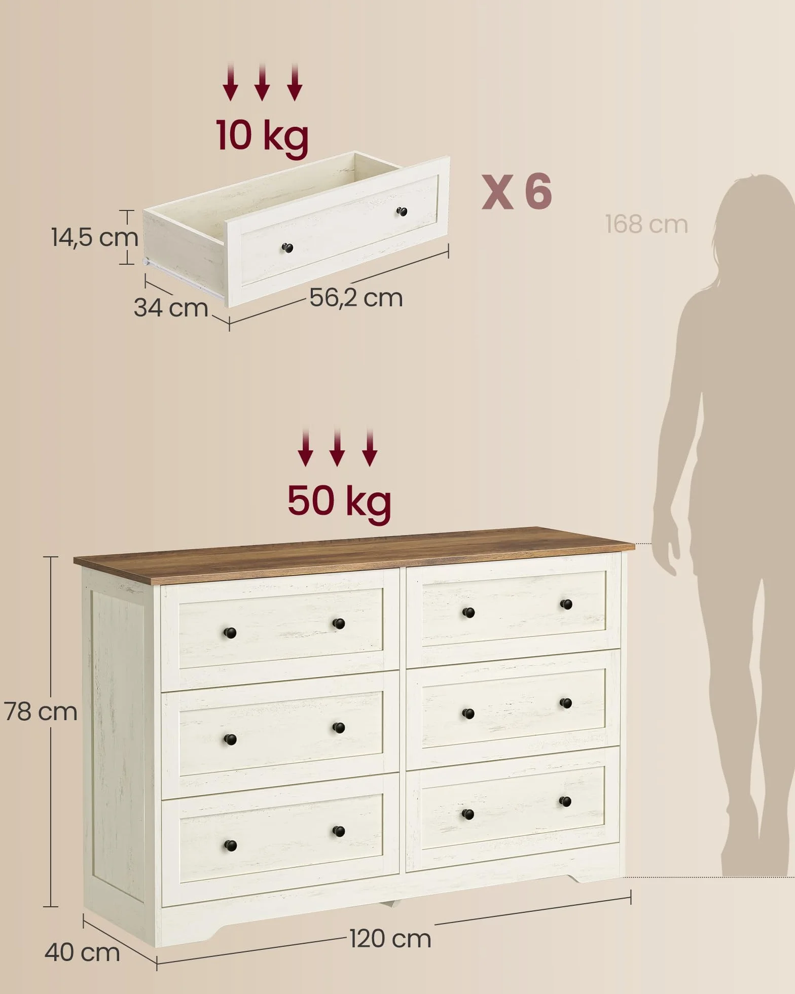 VASAGLE Siren Colección - Cajonera, Cómoda con Cajones, Estilo Rústico, Organizador Versátil, 6 Cajones, 40 x 120 x 78 cm, Blanco Rústico y Marrón Miel LTS663WJ01