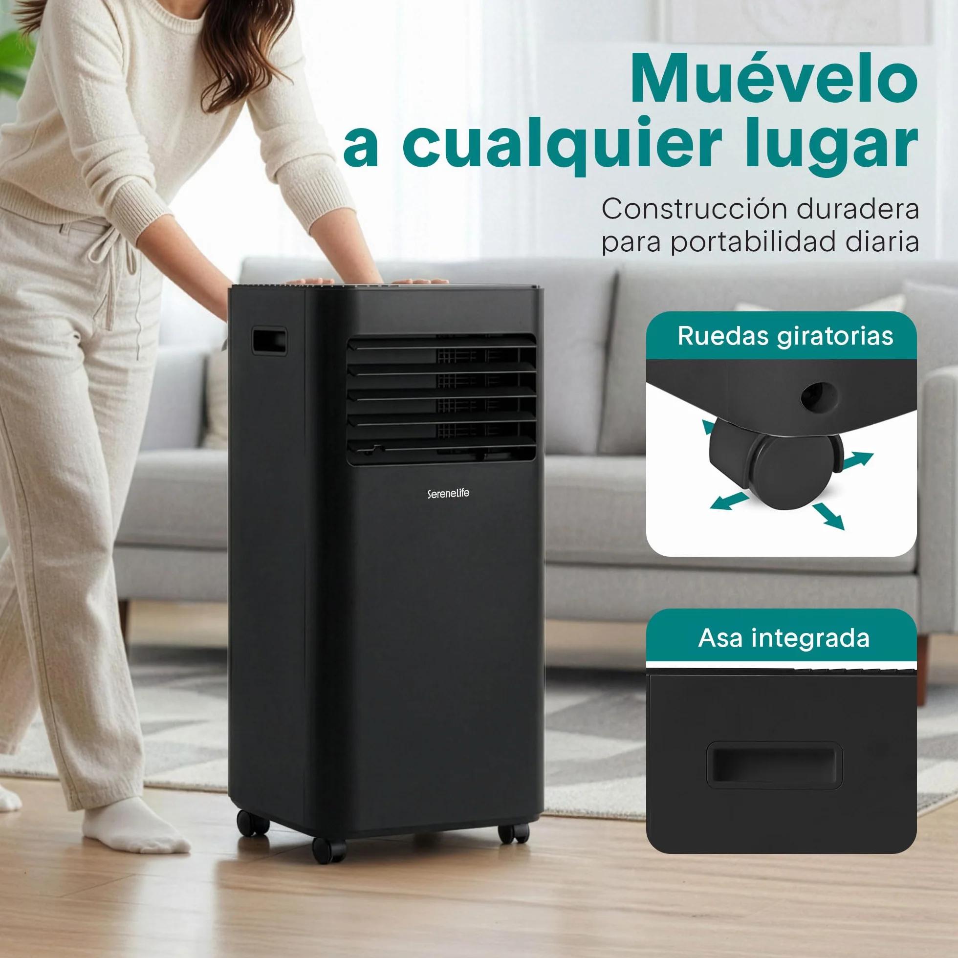 Aire Acondicionado Portátil 7000 BTU (2,05 kW) SereneLife, Climatizador 3 en 1 con Función Frío, Ventilador y Deshumidificador, Compacto con Mando a Distancia y Kit de Ventana