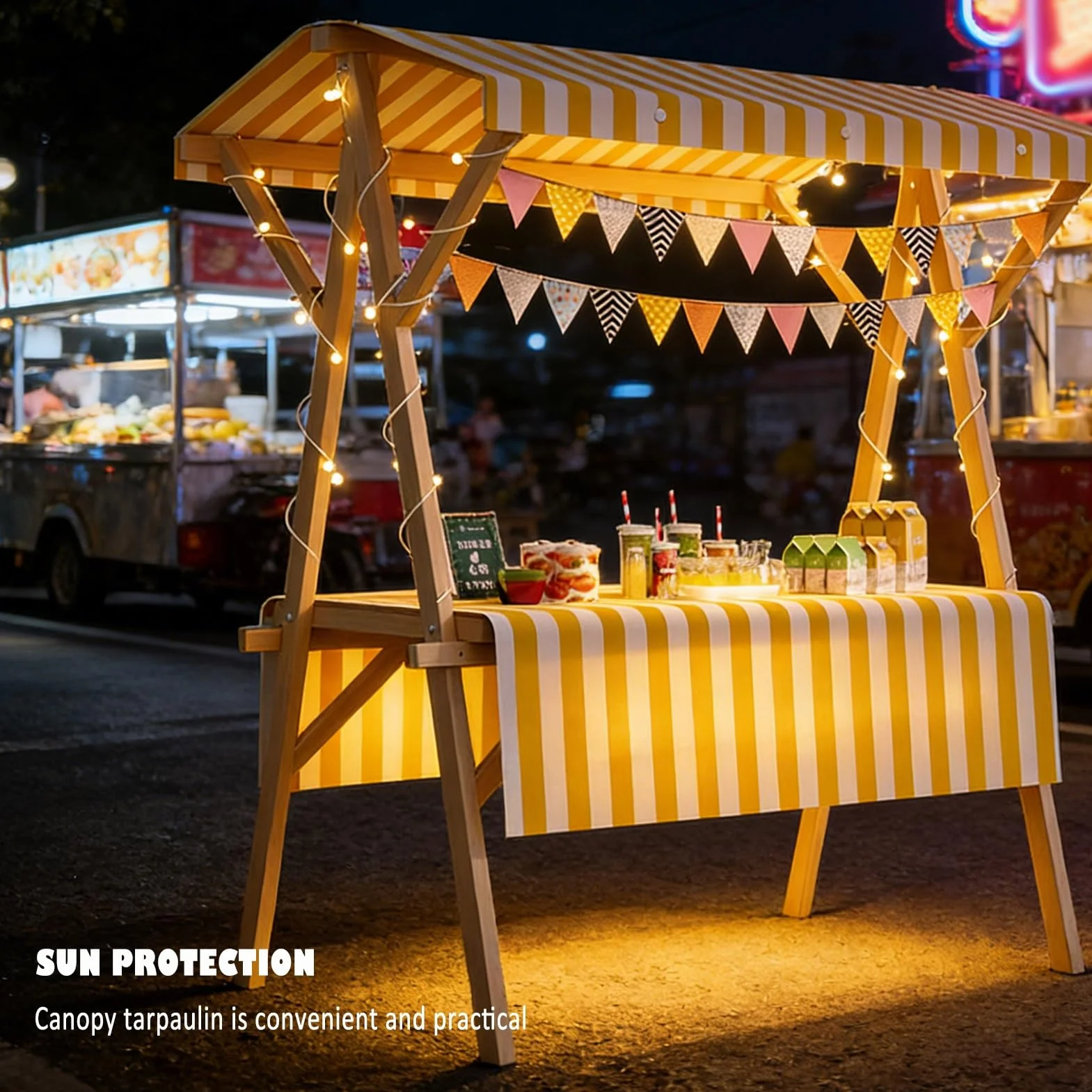 Puesto De Mercado Portátil De Madera Cubierto De Tela, Carrito Plegable para Vendedores Ambulantes con Toldo, Venta Callejera, Mercadillos(Mahjong,47.2in/120cm)