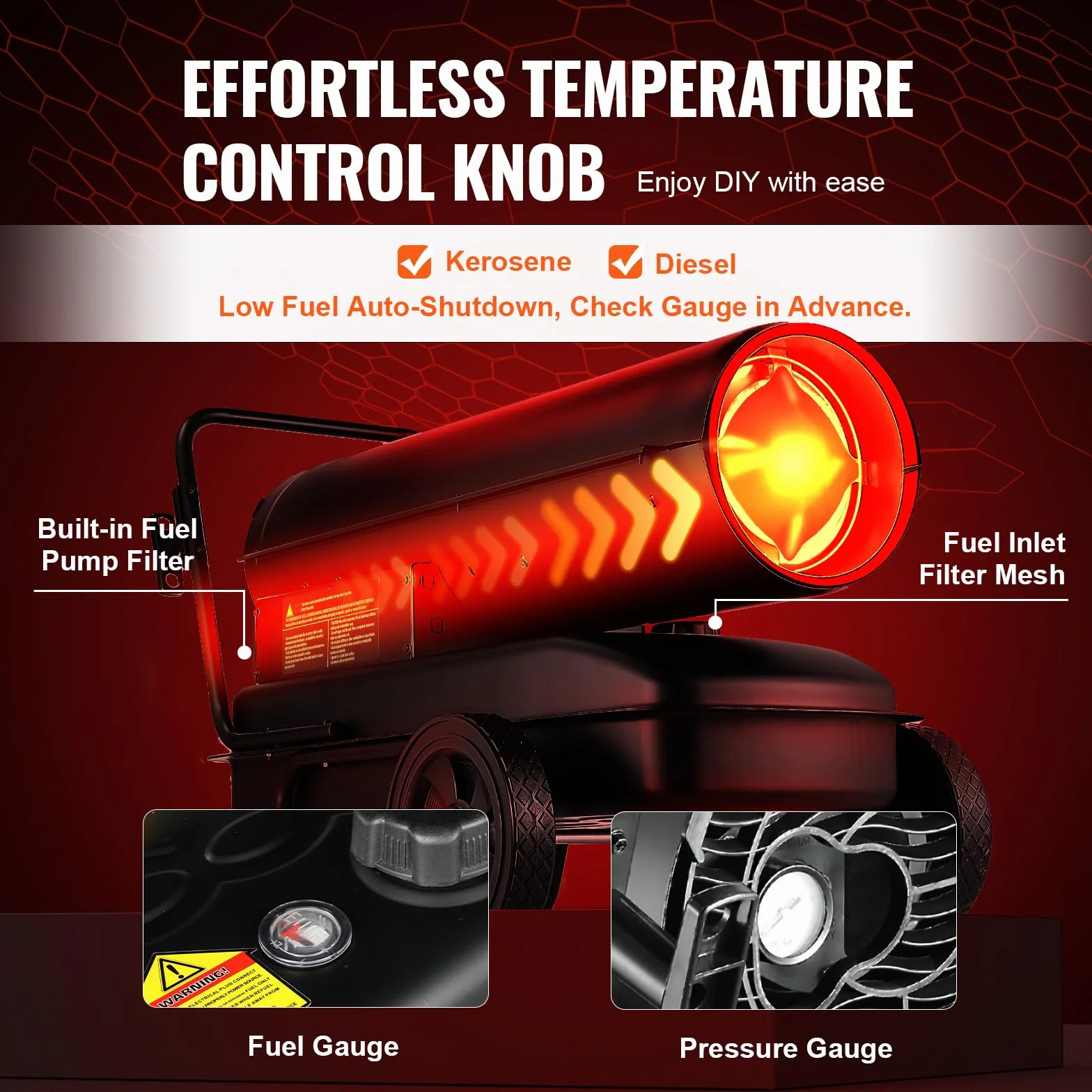 VEVOR Calentador de Aire Forzado a Queroseno/Diésel, 100 000 BTU, Portátil con Control de Termostato, Tanque de 38 L, para el Hogar, el Lugar de Trabajo, la Industria, Negro, 915 x 475 x 600 mm