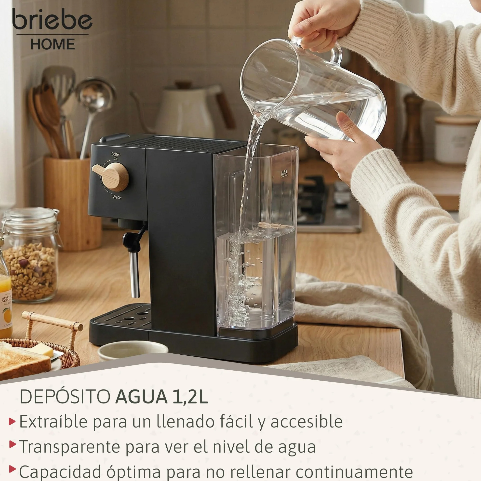 briebe Nordic Cafetera Espresso 20 Bares Compatible Cápsulas Nespresso y Café Molido, Máquina Café Semiautomática Profesional 1350W, Espumador Leche, Pantalla Táctil, 1,2L, Diseño Nórdico, Negro