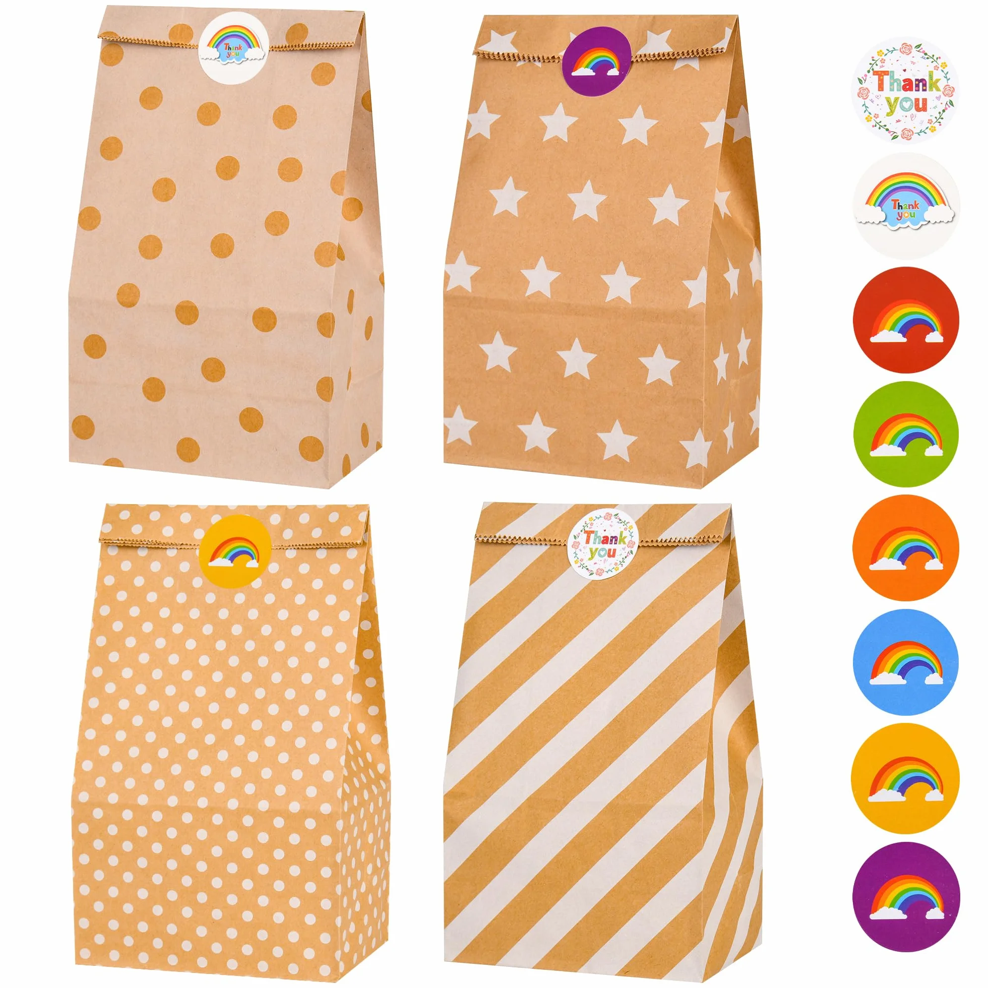 Aurinovellia 20 Piezas Bolsas de Papel Kraft, Bolsas Chuches Cumpleaños con 36 Pegatinas, Bolsa Dulce de Regalo, para Envolver Regalos, Regalos, Celebración, Boda, Fiesta