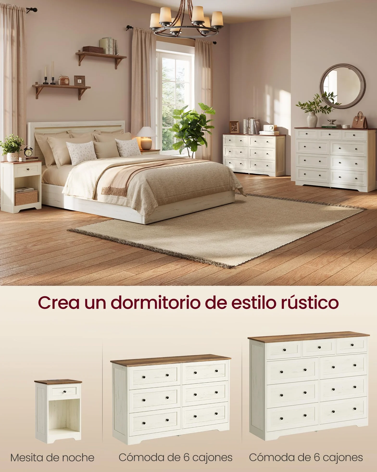 VASAGLE Siren Colección - Cajonera, Cómoda con Cajones, Estilo Rústico, Organizador Versátil, 6 Cajones, 40 x 120 x 78 cm, Blanco Rústico y Marrón Miel LTS663WJ01