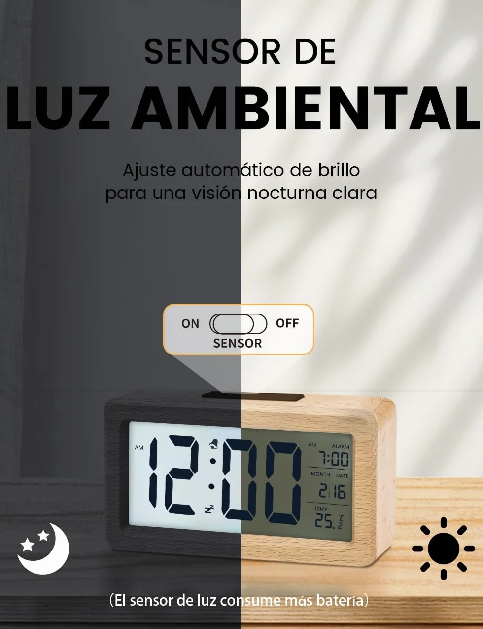 aboveClock Reloj Despertador Digital, Despertador con Pantalla LED de Temperatura, Pantalla Grande, Reloj Despertador Pilas Brillo Regulable, Función Snooze【3 × AAA Baterías Necesarias】