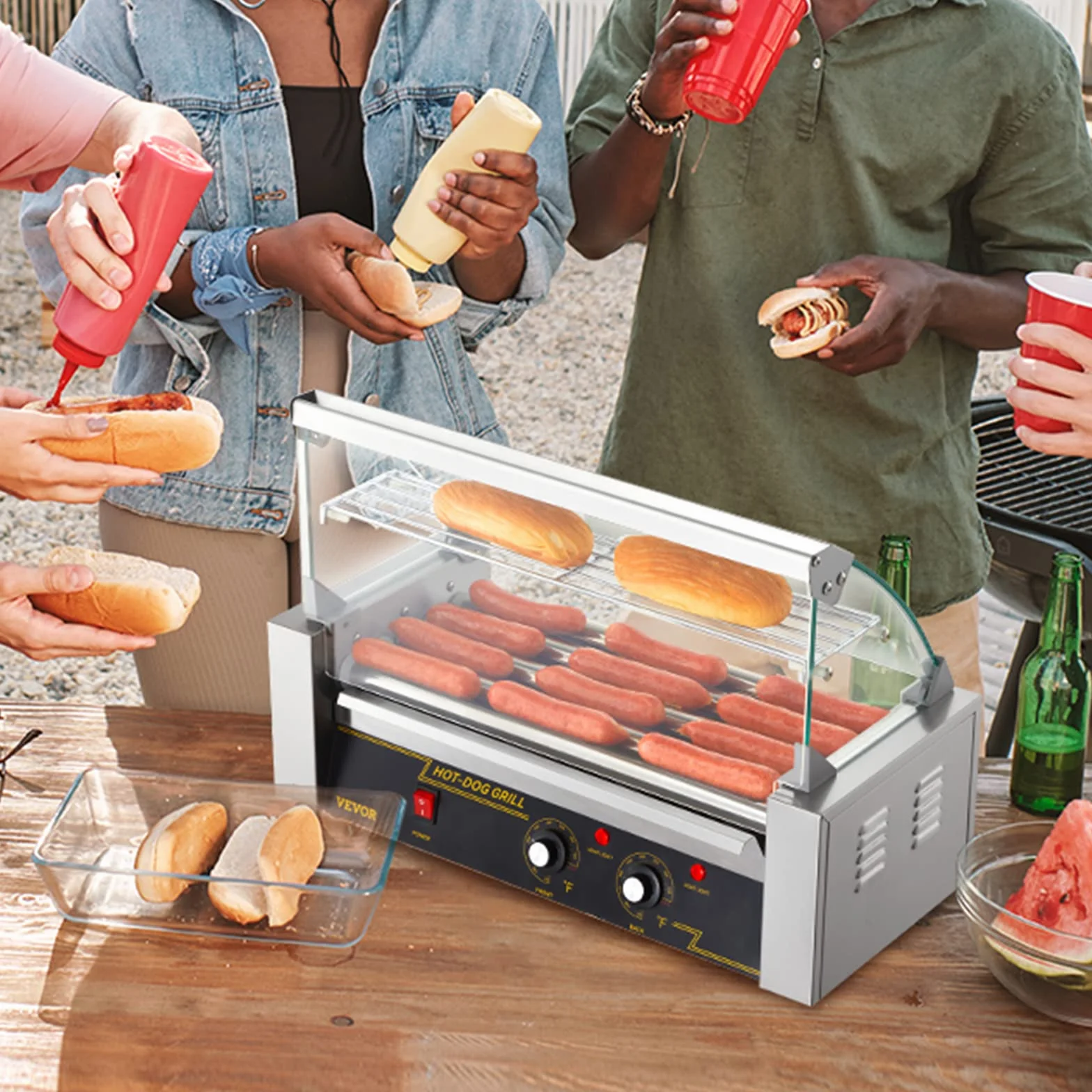 VEVOR Máquina de Rodillos para Perros Calientes de 56 x 25 x 41 cm con una Parrilla de Acero Inoxidable de Calidad Comercial, 50 °C-250 °C, 1000 W ±15%, para Puestos de Comida, Fiestas y Barbacoas