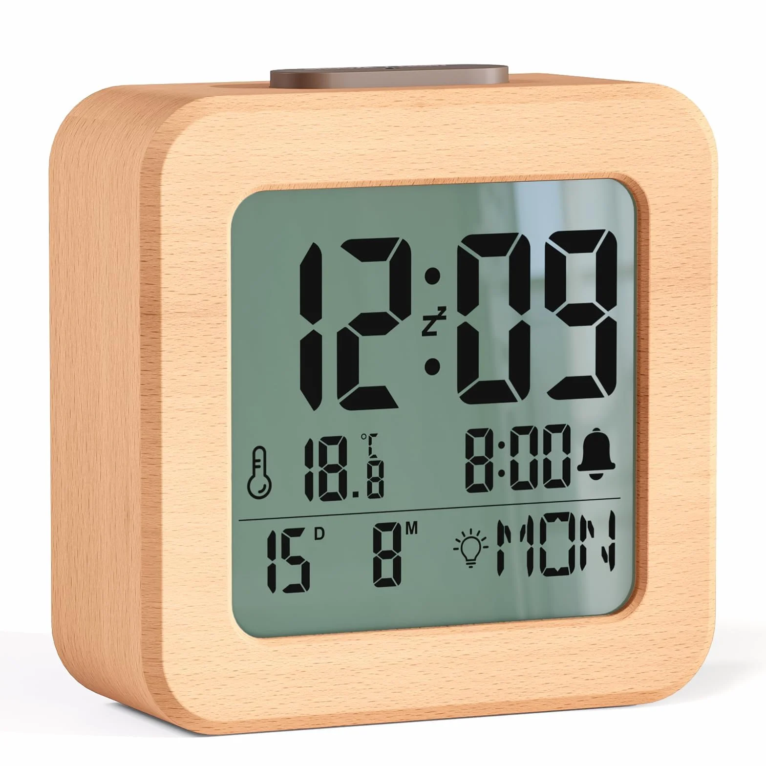 Despertador Digital, Reloj Despertador Digital de Madera Pilas con Sensor de Luz, Retroiluminación LCD, Snooze 5 Min, Temperatura, Fecha y Día de la Semana (Madera)