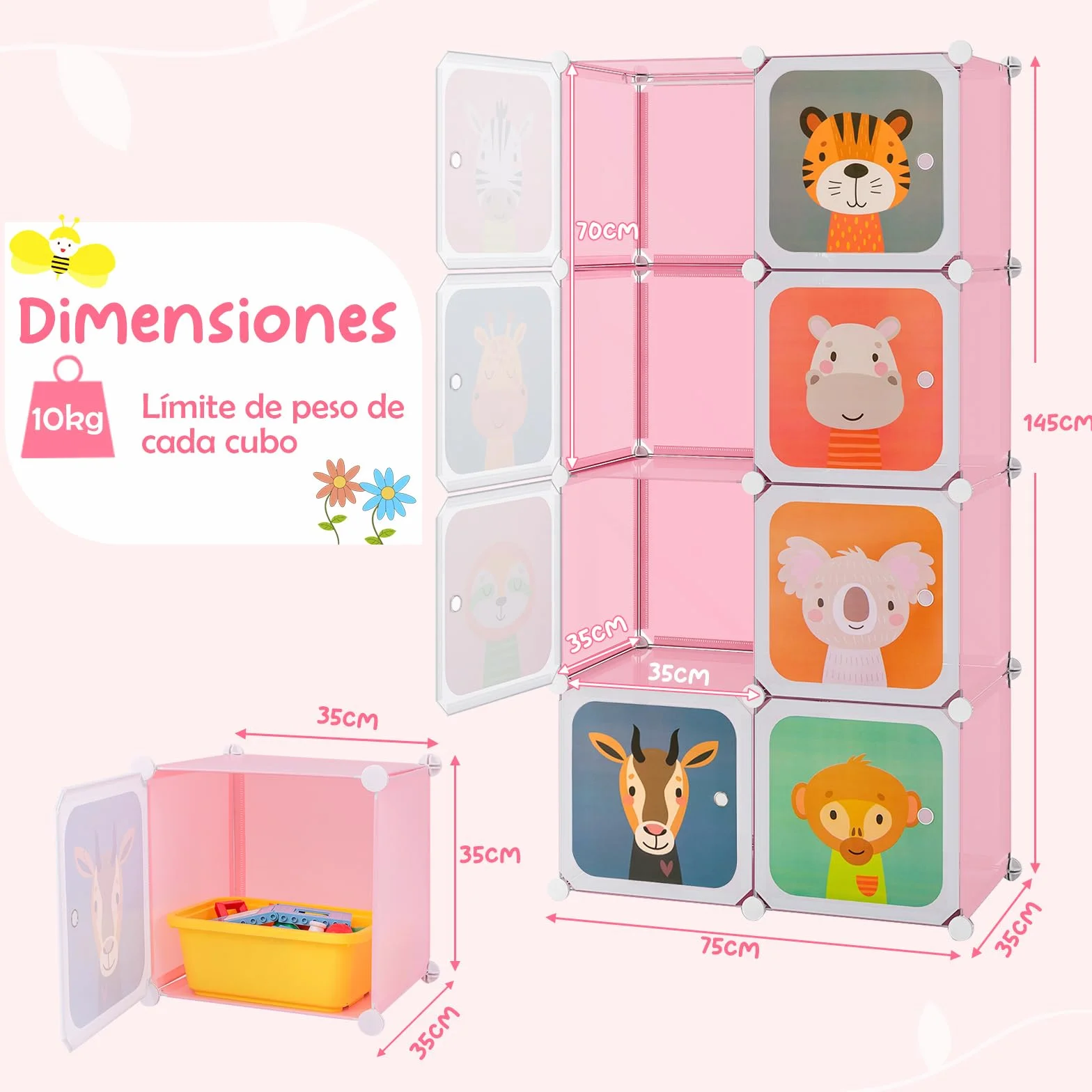 COSTWAY Armario Modular Infantil 8 Cubos Estantería Organizador Almacenamiento Juguetes 75x37x145 cm Rosa