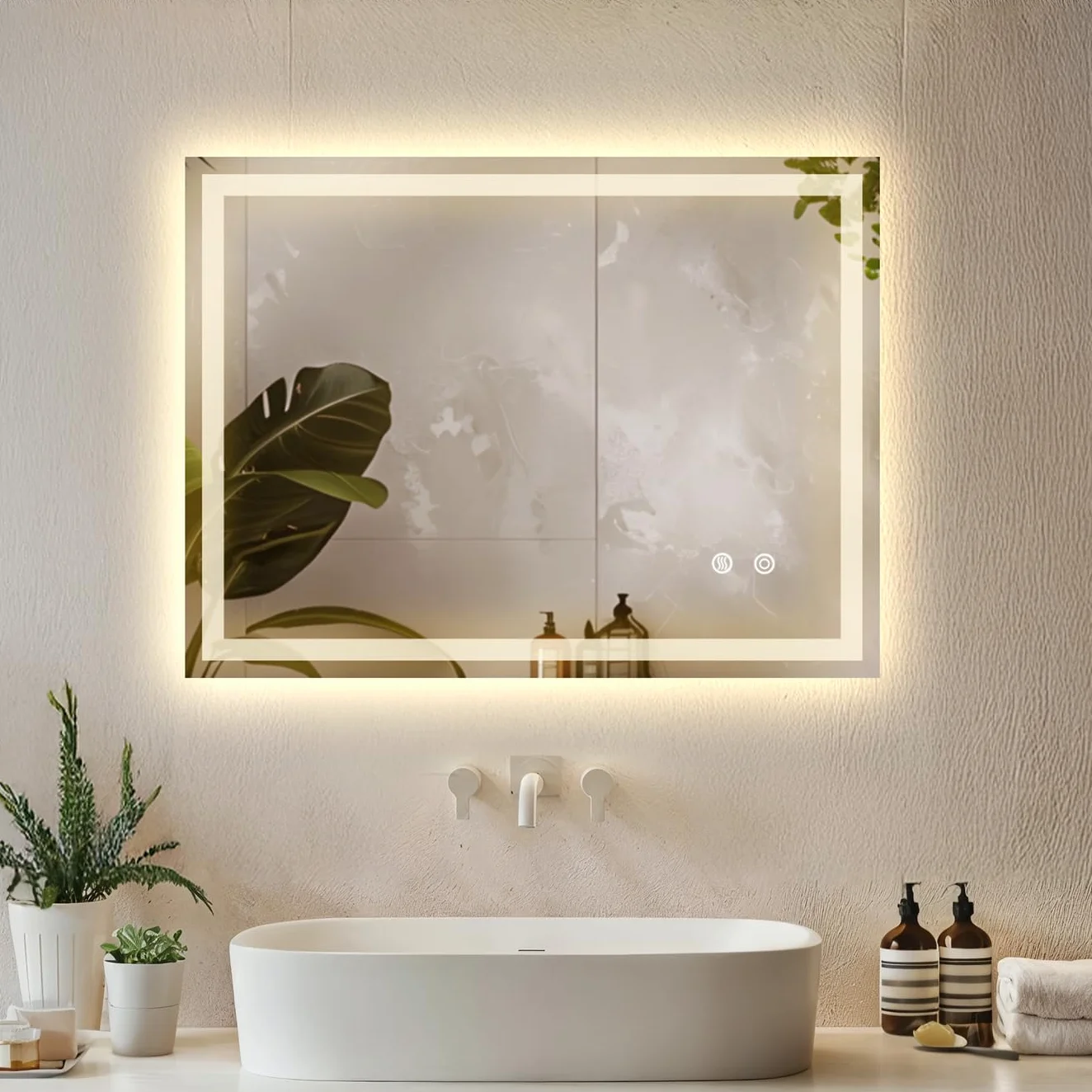 tectake® Espejo Baño LED sin Marco Rectangular, Diseño Moderno, Espejo Pared con Luz, Espejos de Baño con Luces, Decoracion Hogar, Decoracion Pared - 50x70 cm