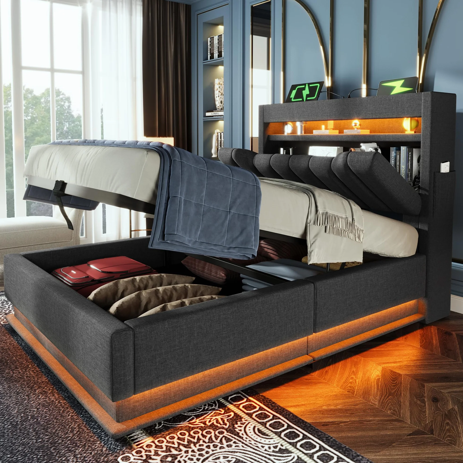 Cama LED Huayz 90x200 con almacenamiento y carga USB