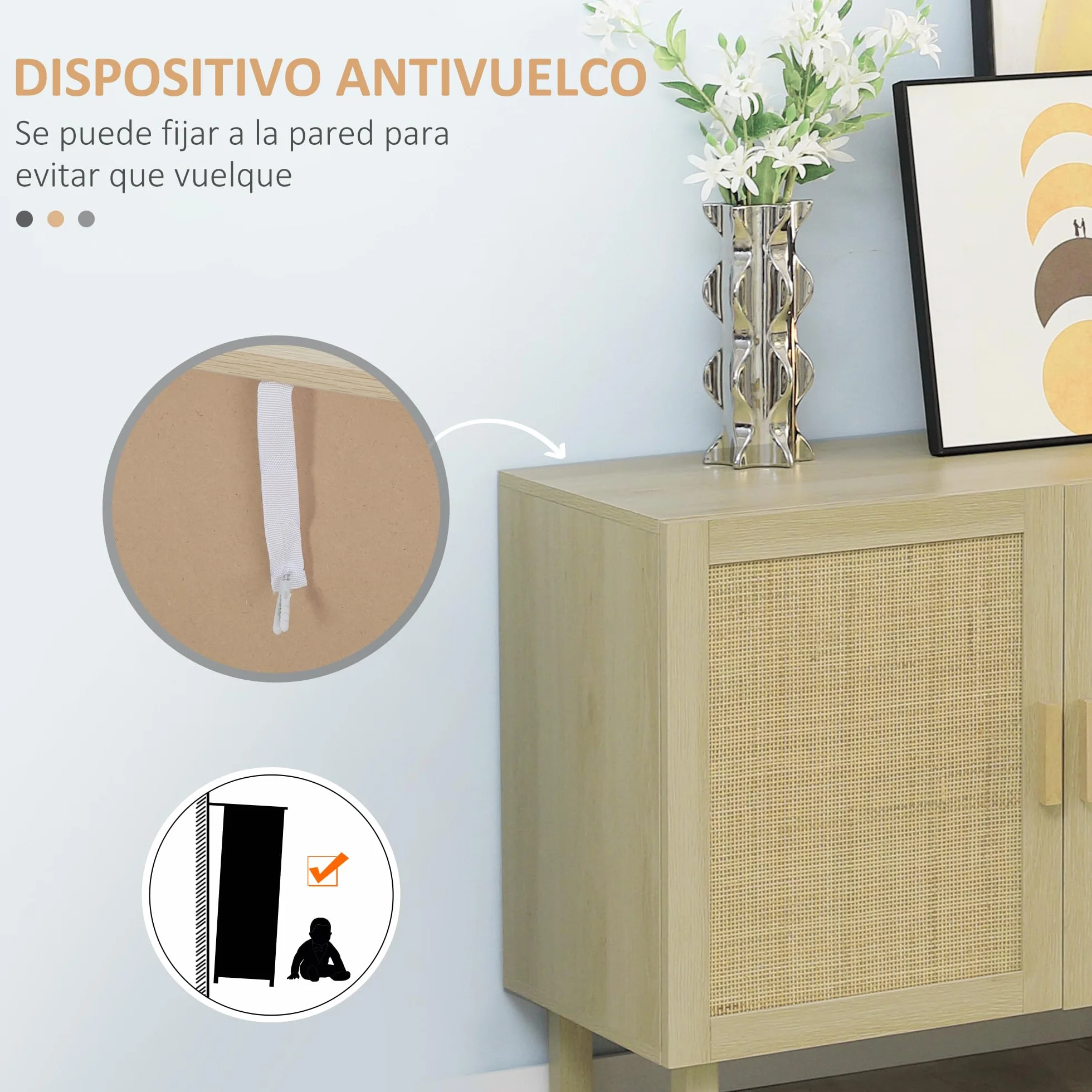 HOMCOM Aparador 3 Puertas de Rejilla de Ratán Aparador para Salón Nórdico con Estantes Ajustables para Comedor Entrada Dormitorio Natural 136x41x70 cm