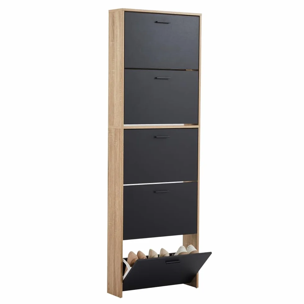 CASABEL Mueble Zapatero Moderno 5 abatibles, Almacenamiento para Zapatos 15 Pares, Negro y Madera, Mueble de Madera, Dimensiones L60xP17xH180 cm, Gran Capacidad, fácil de Instalar