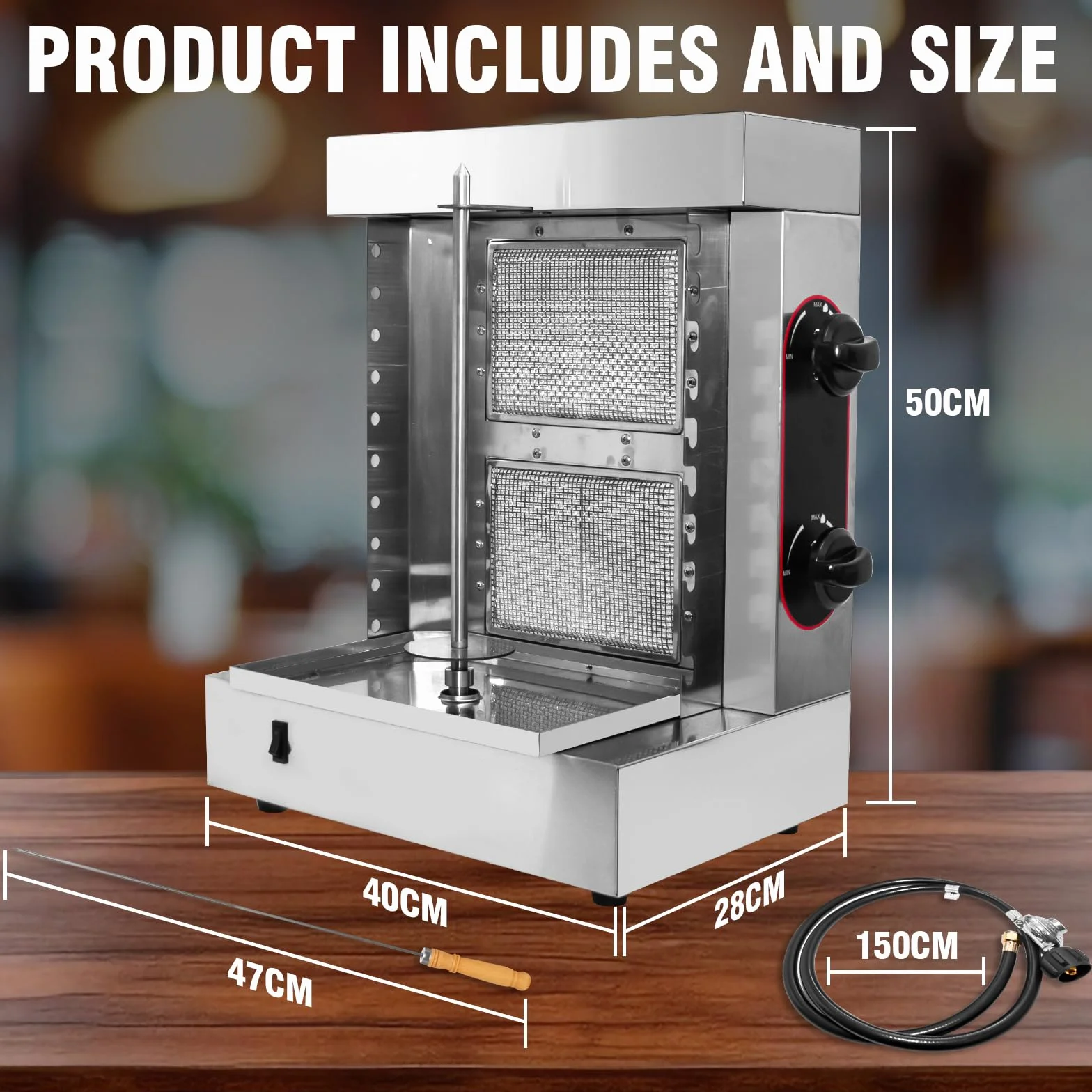 Máquina de Parrilla Shawarma Profesional 2 Quemadores, Asador para Kebabs y Tacos Al Pastor, Incluye 10 Pinchos de Acero Inoxidable