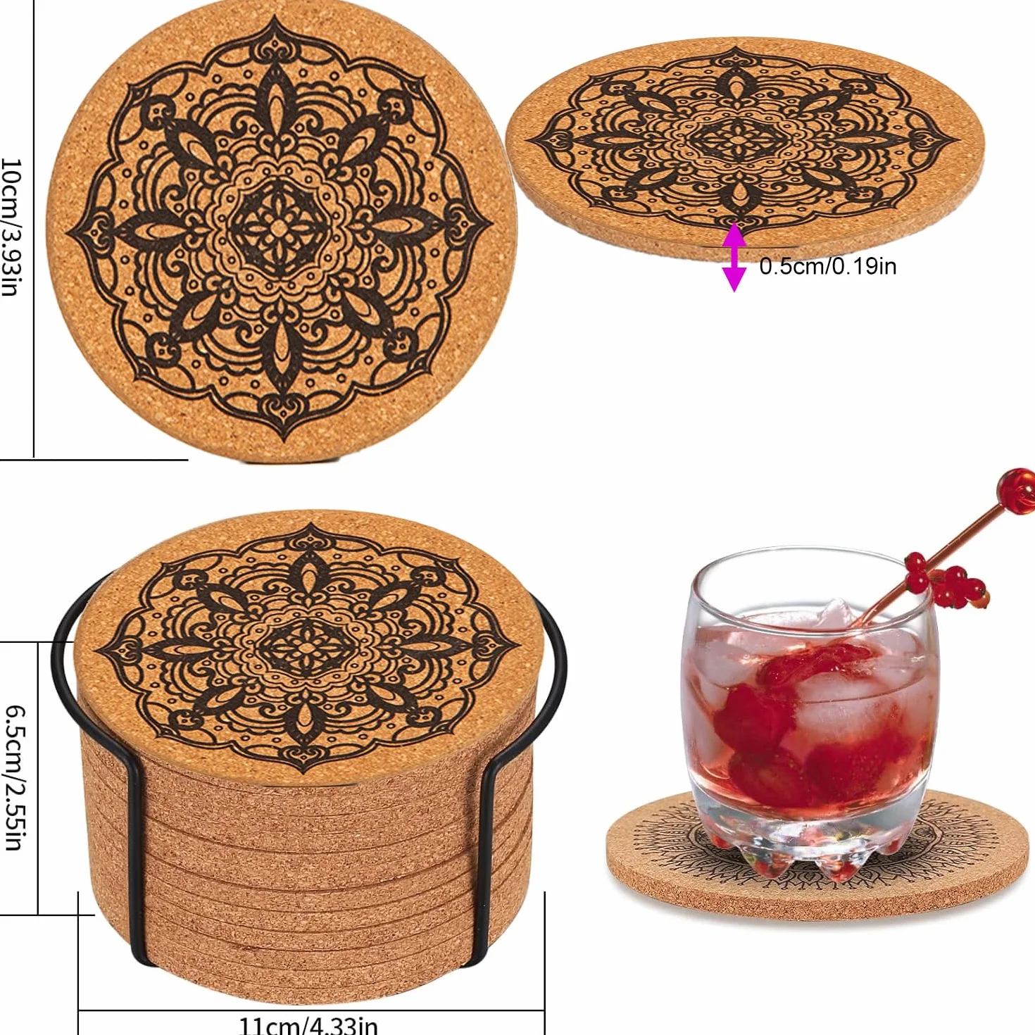 YUNYU Juego de 8 posavasos de corcho y madera con soporte, resistentes al calor, antideslizantes, absorbentes