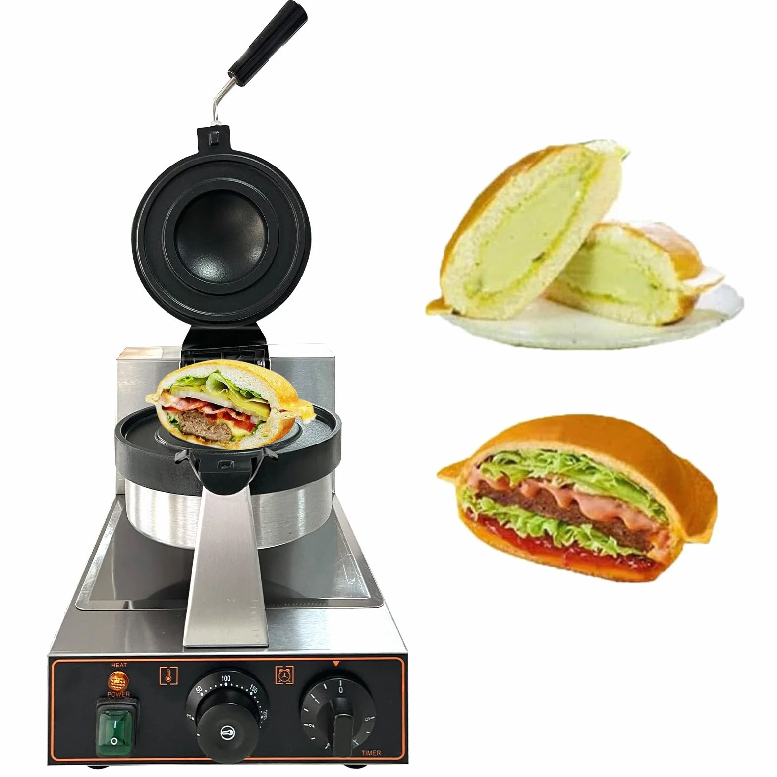 Disquera Pan Cubano Industrial Gofrera para Hamburguesas 50℃~300℃ Prensa de Hamburguesas Comercial Máquina para paninis para restaurantes/cafeterías/Camiones de Comida singleheadrotating