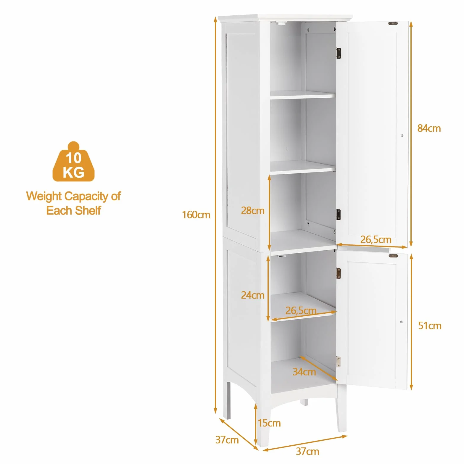 LIFEZEAL Armario Alto de baño con 2 Puertas, 37x37x160 CM Mueble Alto de Aseo, Mueble de Madera de 5 Niveles, Capacidad de Carga 10 KG por Estante (Blanco)