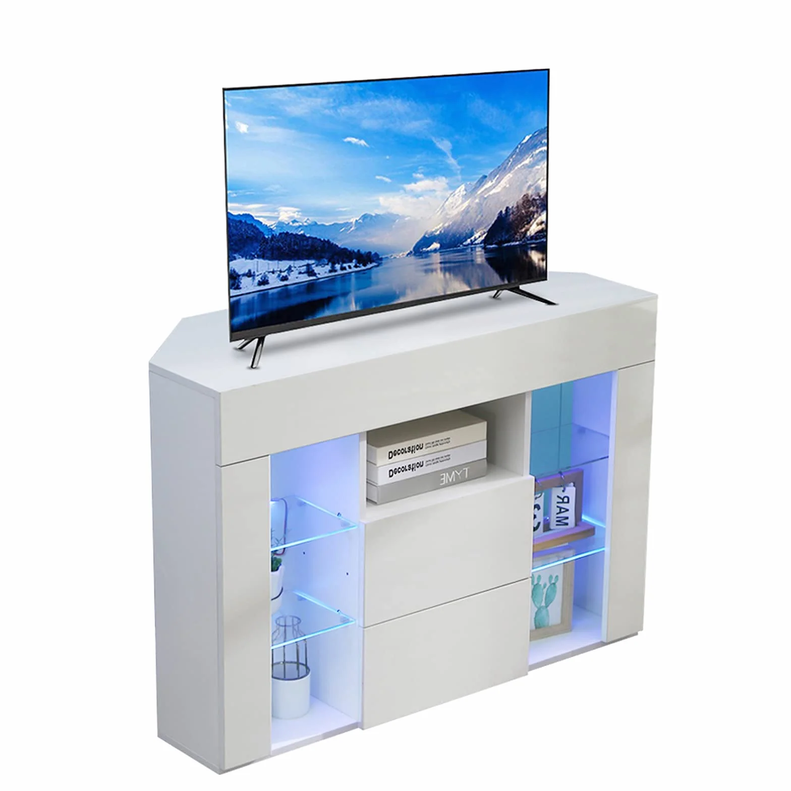 Dripex Armario de Esquina para TV con iluminación LED, Mueble de TV Color Blanco Brillante, Mueble esquinero para TV, 100x68x40 cm