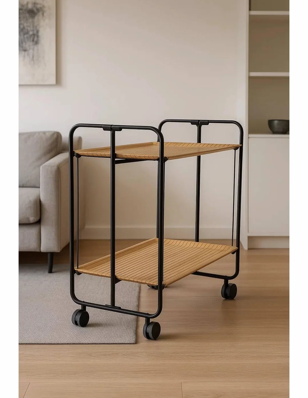 DON HIERRO - Carrito Auxiliar Plegable Bauhaus con Ruedas – Armazón metálico Negro, 2 Niveles, 4 Posiciones Ajustables- Estantes Efecto alistonado