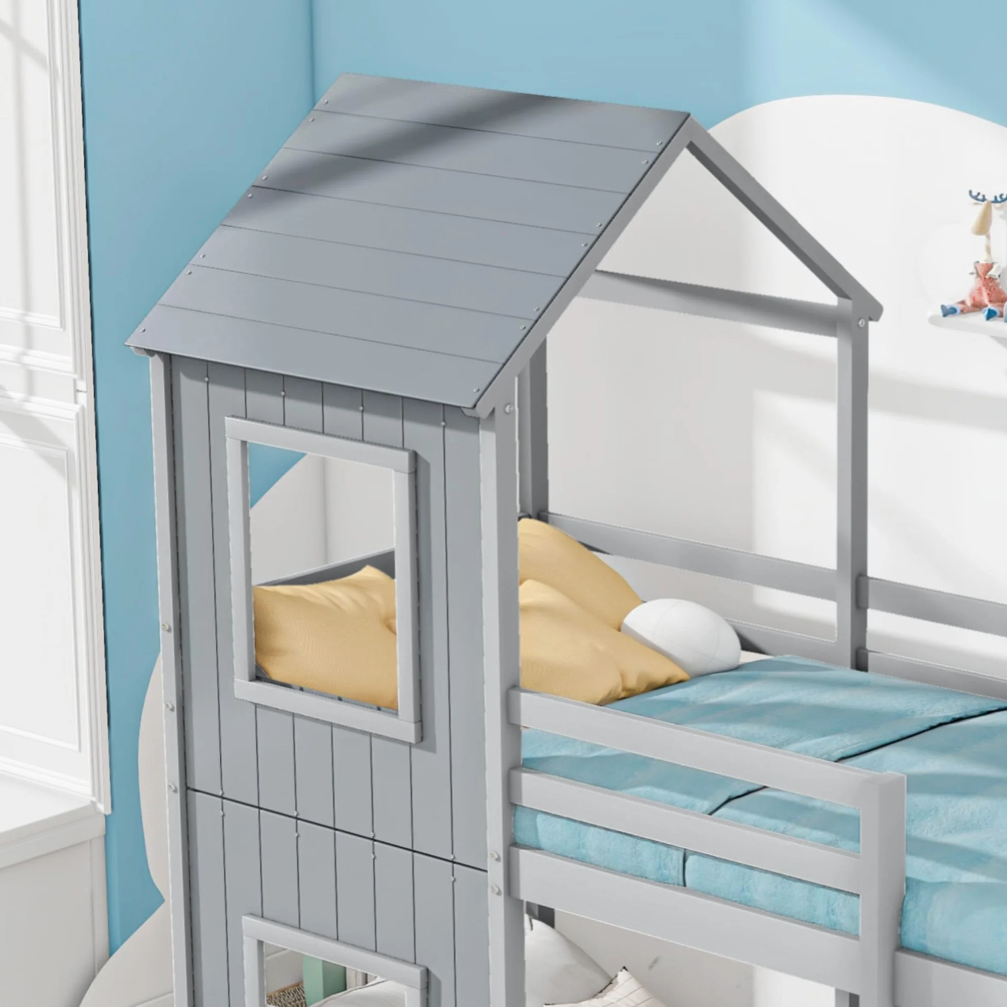 Idemon 90 x 200 cm litera, cuna, cama de casa para niñas y niños, con escalera y dosel, profundidad del suelo, madera maciza (gris)