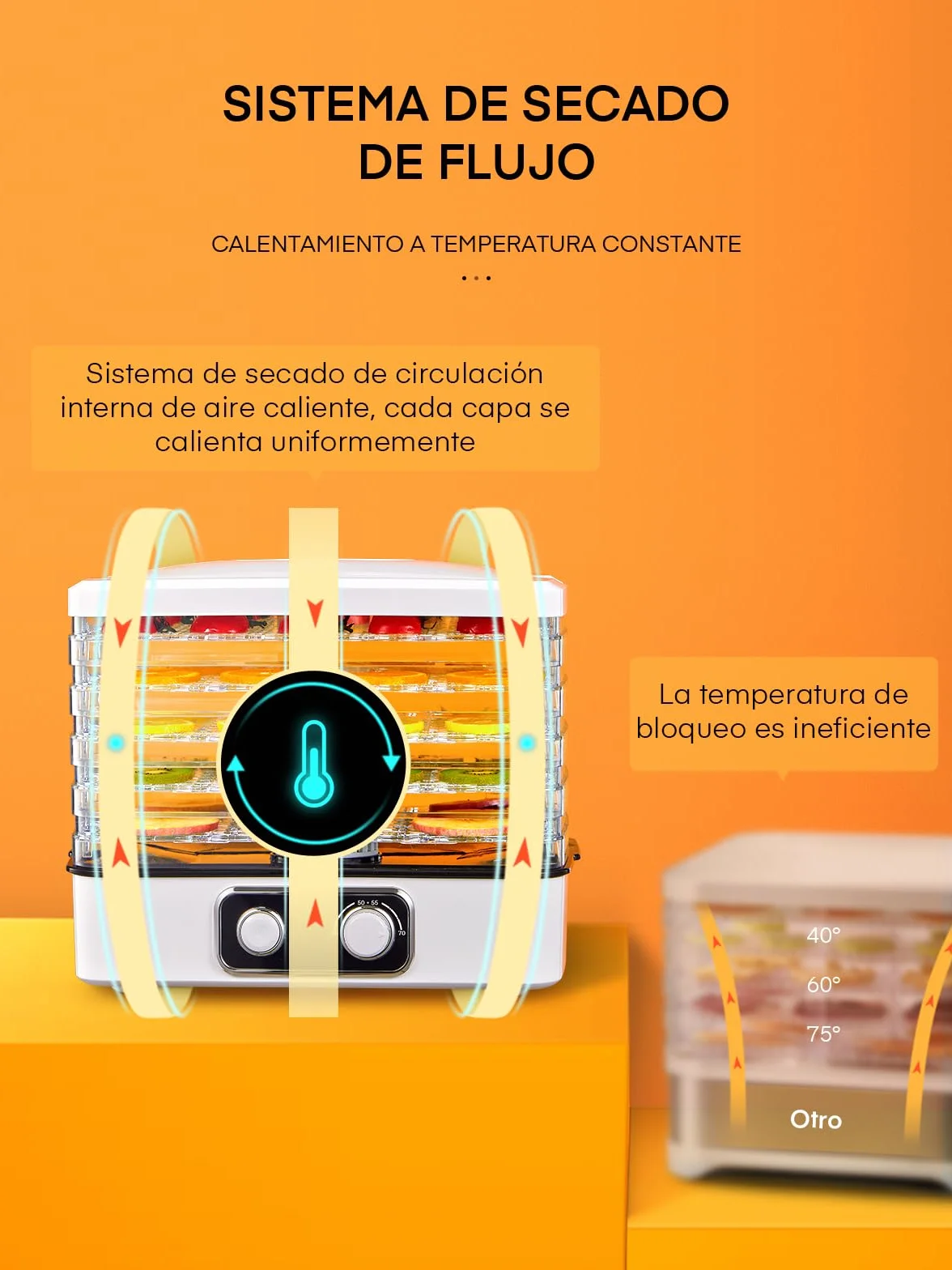 Deshidratador de Alimentos con 5 Bandejas Ajustables, Temperatura Ajustable 35-70°C
