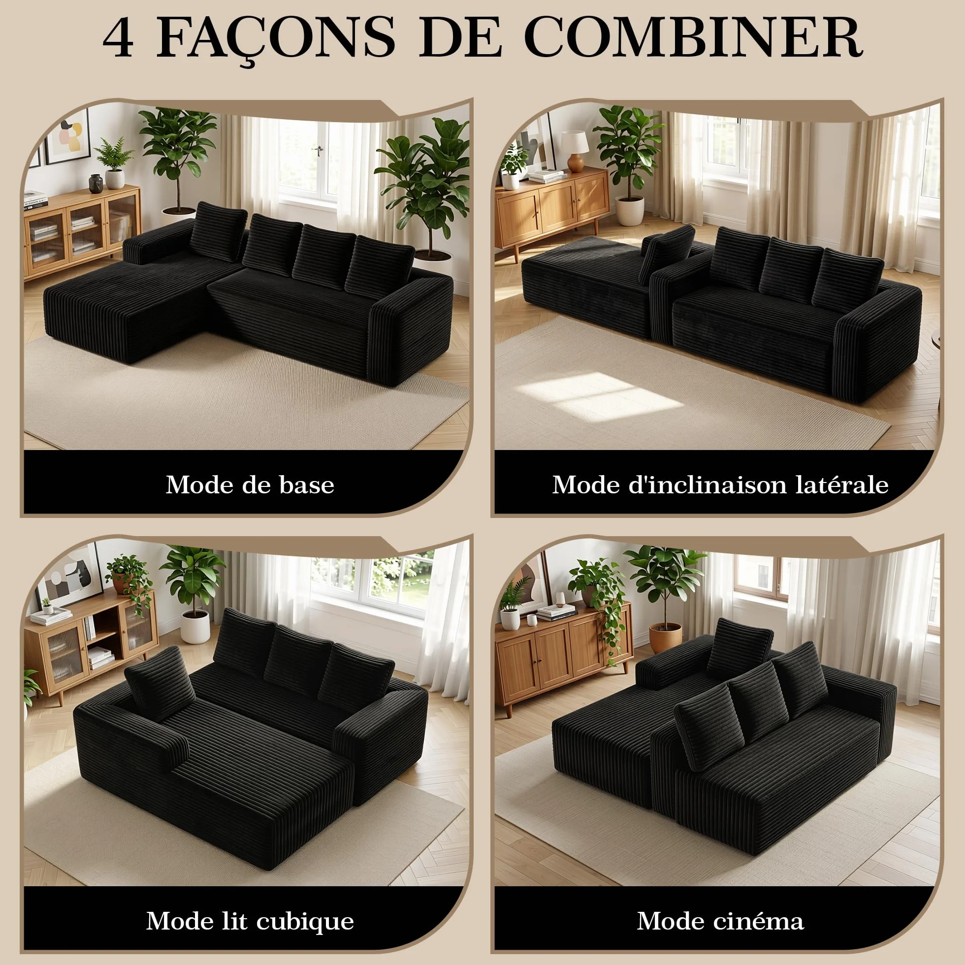 Sapgaks Sofá esquinero, sofá de 4 plazas, sofá de 3 plazas, sofá modular comprimido con chaise longue en forma de L, no requiere montaje (más pana negro)