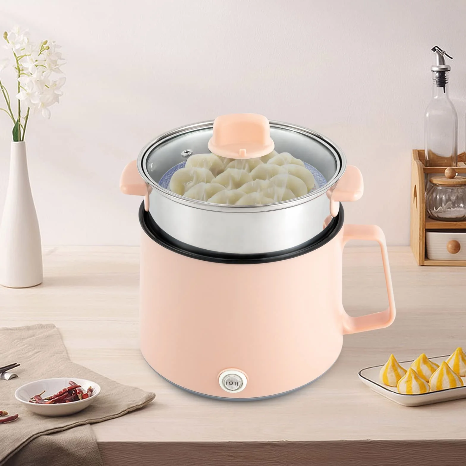 Olla eléctrica antiadherente 17x17x25 cm 1,7L tapa de cristal vaporera multiuso para avena pasta rosa