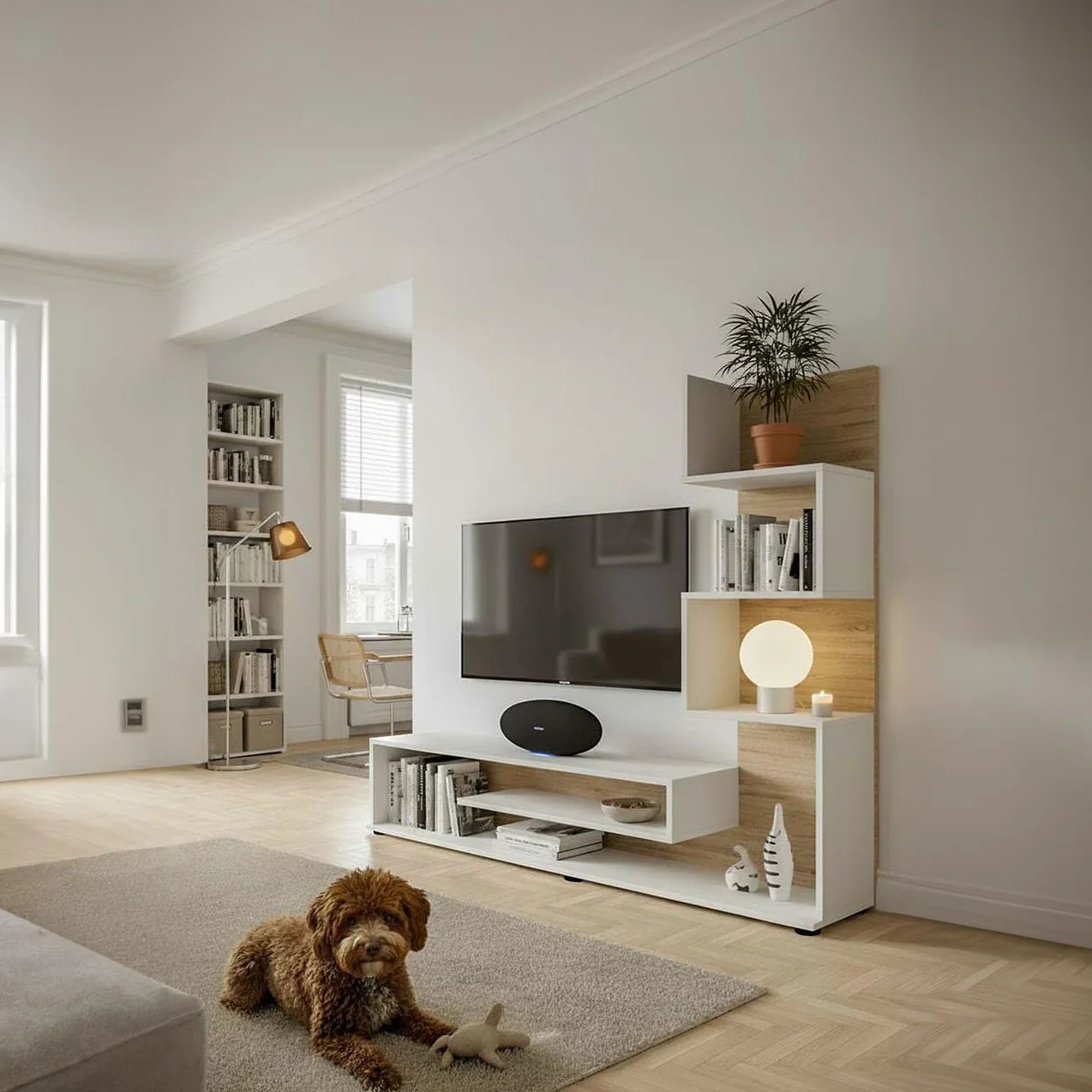 duehome | Mueble de Salón, Composición Modular de TV, Modelo Moobi 160, Acabado en Blanco y Roble Canadian, Medidas: 160 cm (Largo) x 29 cm (Fondo) x 124 cm (Alto)