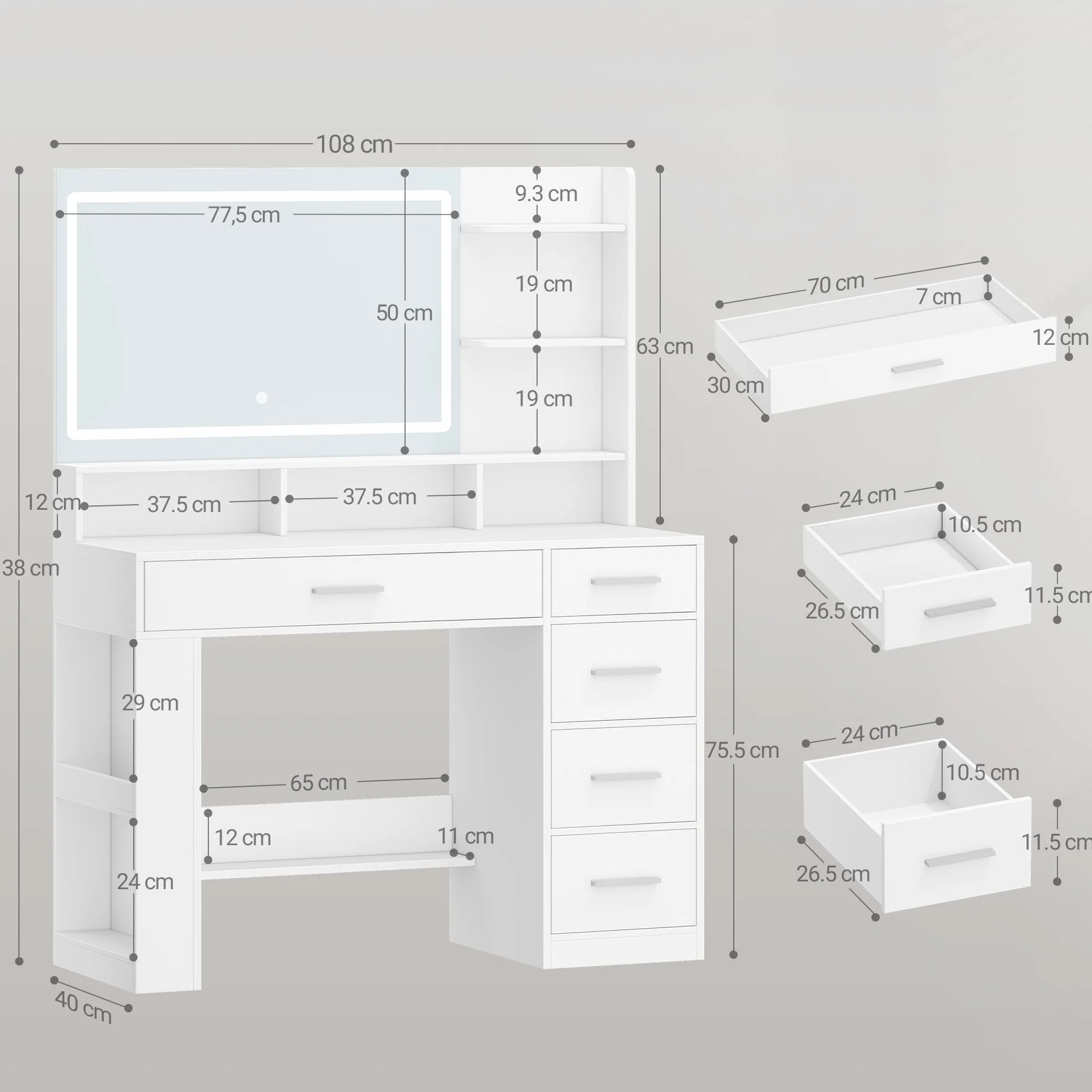 Hzuaneri Tocador con Espejo HD Grande, tocador de Maquillaje con luz LED, 6 Compartimentos Abiertos, 5 cajones y Espacio de Almacenamiento Lateral, 40 x 108 x 138 cm, Blanco DT44003XEU
