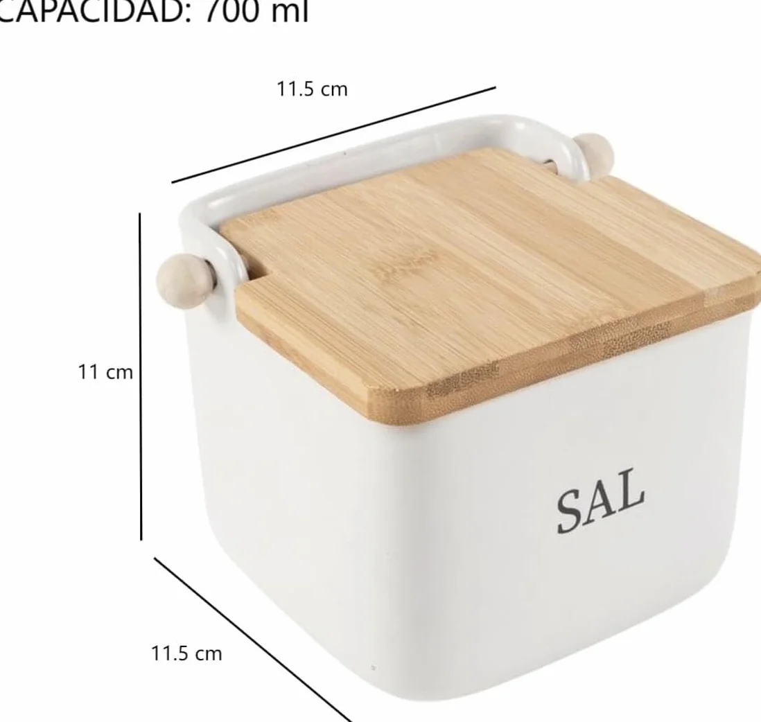 Salero cocina ceramica tapa madera abatible blanco minimalista