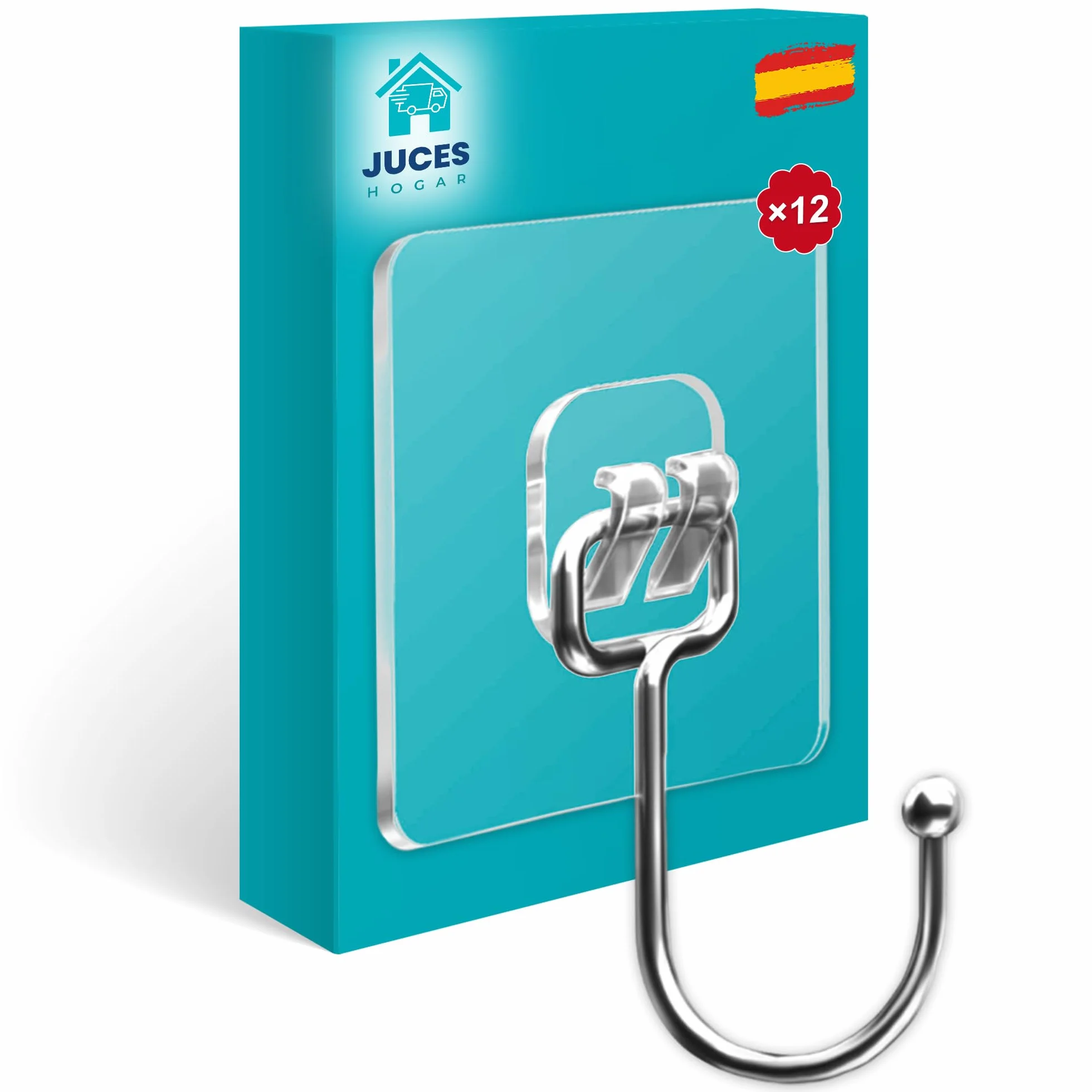 12 Ganchos Adhesivos para Pared de Acero inoxidable - Soporta Hasta 20kg - TAMAÑO GRANDE 7x7cm -