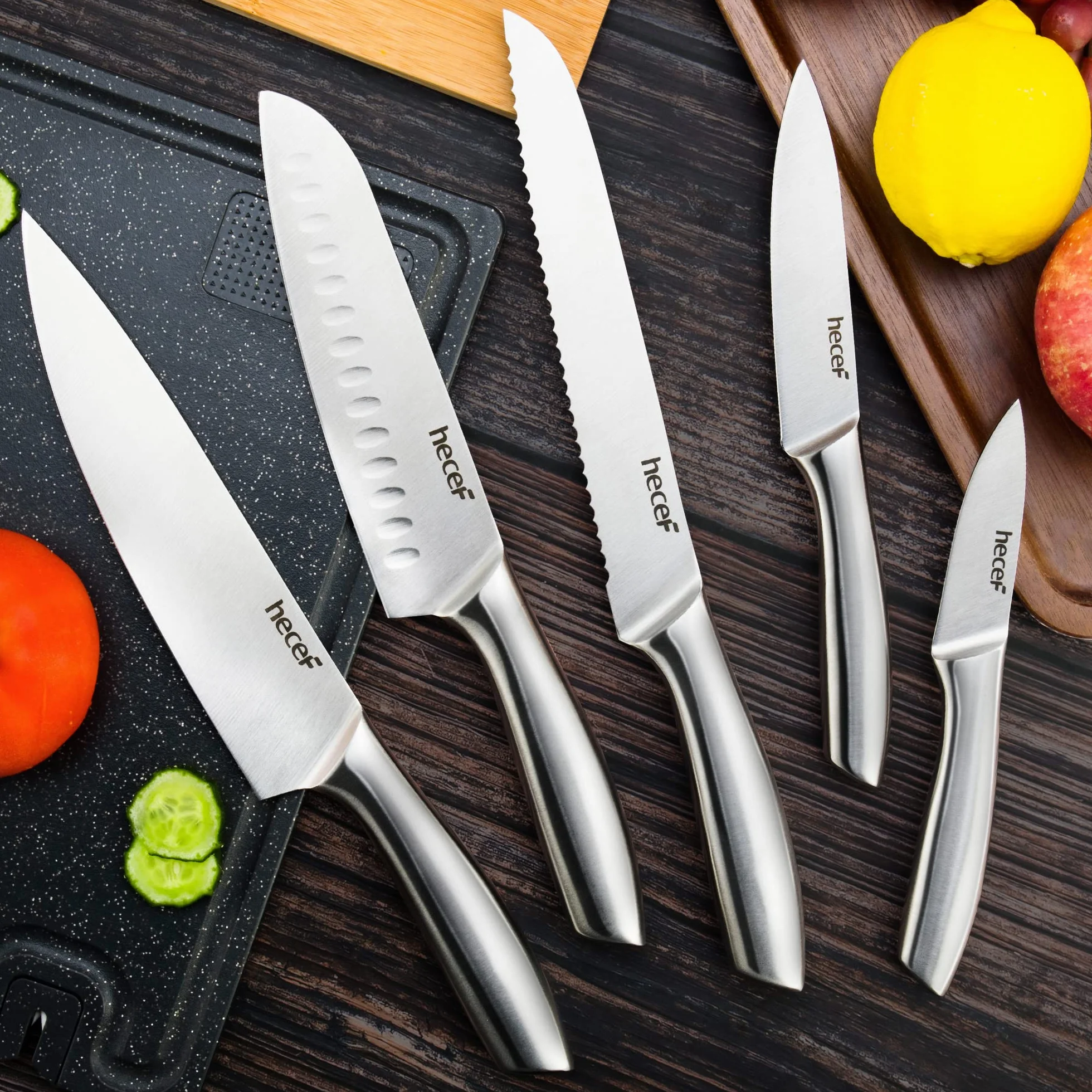 hecef 5 Piezas Juego de Cuchillos con Mango Hueco，Cuchillos de Acero Inoxidable Pulido Avanzado, Juego de Cuchillos de Chef Profesional, Cuchillos de Cocina con Hoja Afilada