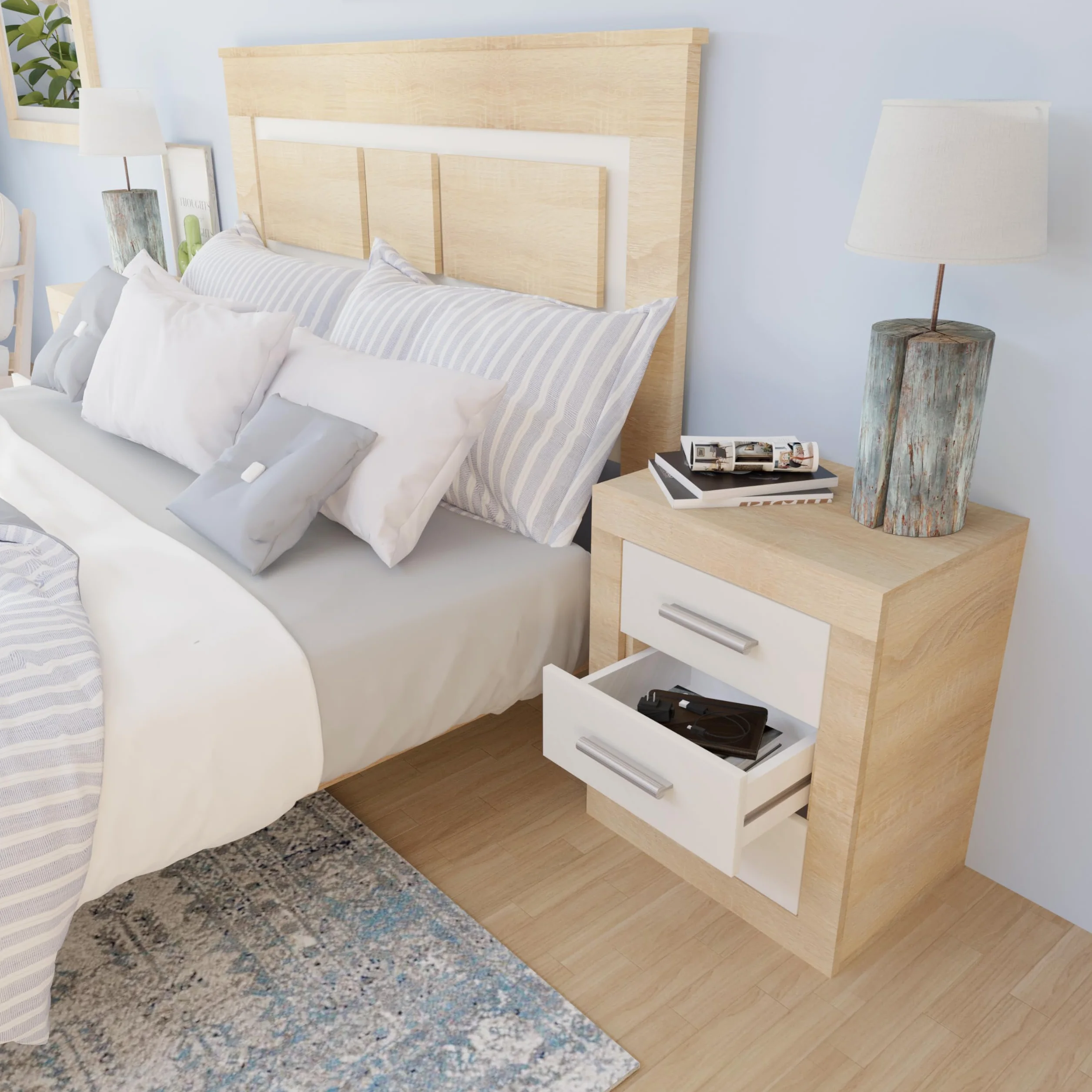 duehome | Conjunto de Dormitorio Kira 4c - Cabecero + 2 Mesitas de Noche + Comoda y Espejo, Acabado en Cambria y Blanco