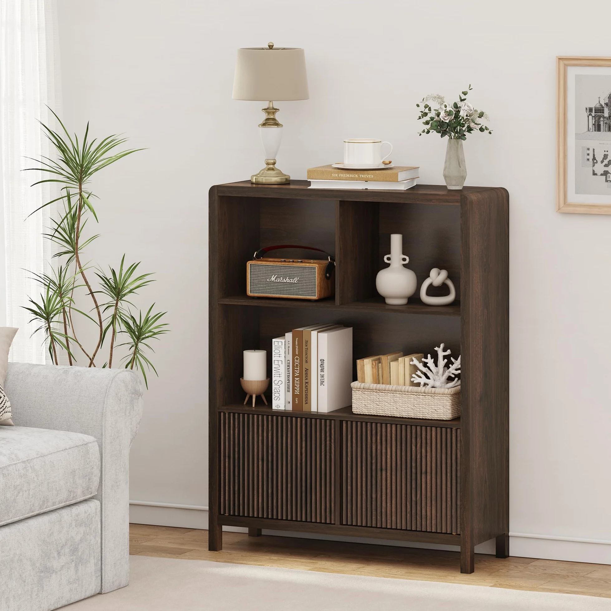 [en.casa] Aparador Alto Lukkodso con Compartimentos Mueble Auxiliar con 2 Puertas Variables Rectangular Armario Multiusos 103 x 80 x 28 cm - Efecto Nogal